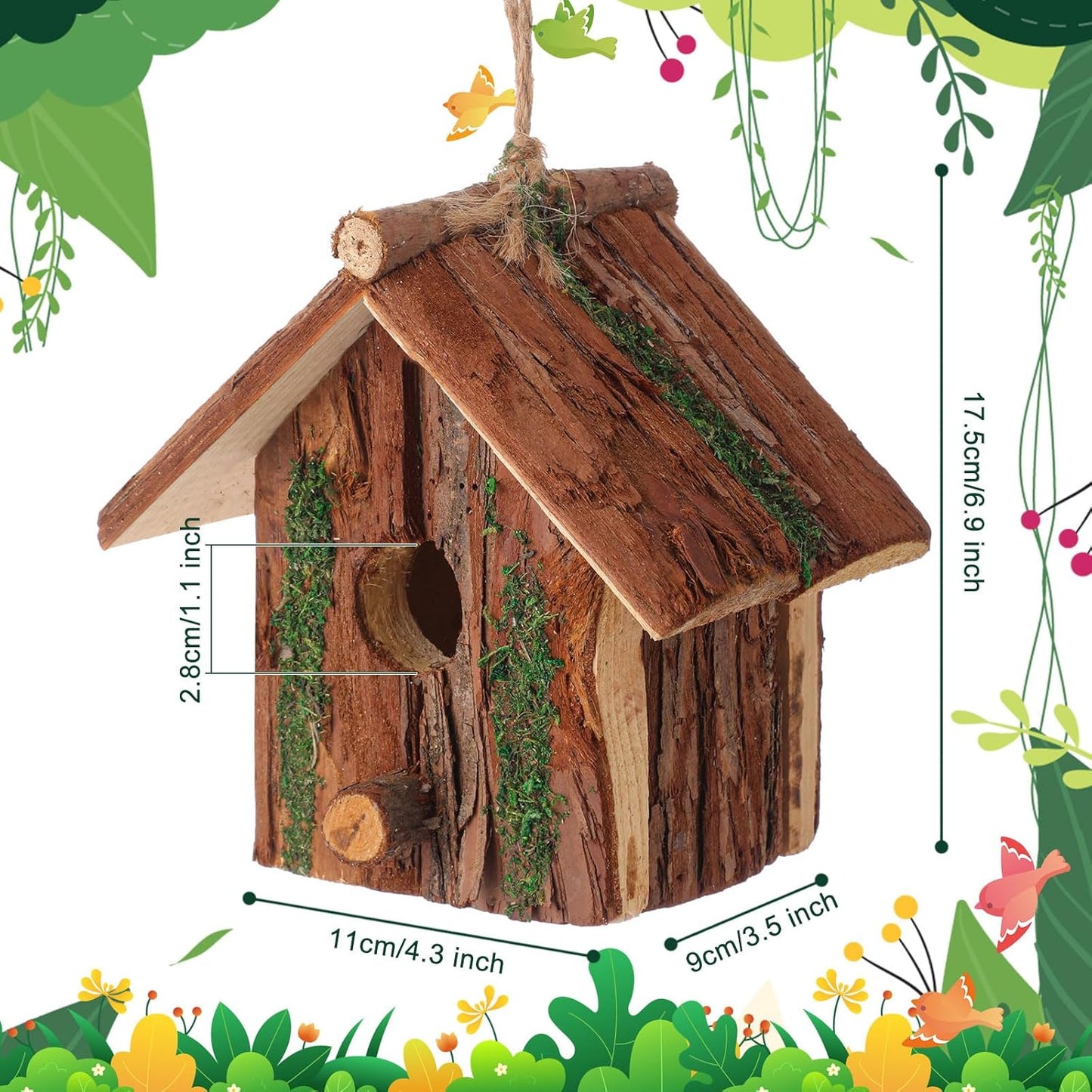 1 Pcs Birdhouses for Outside Wooden Bird House with Moss Accent Hanging Design Birdhouse Natural Bark Finish Warm and Waterproof Rustic Bluebird House Cardinal Wren Hummingbird Garden