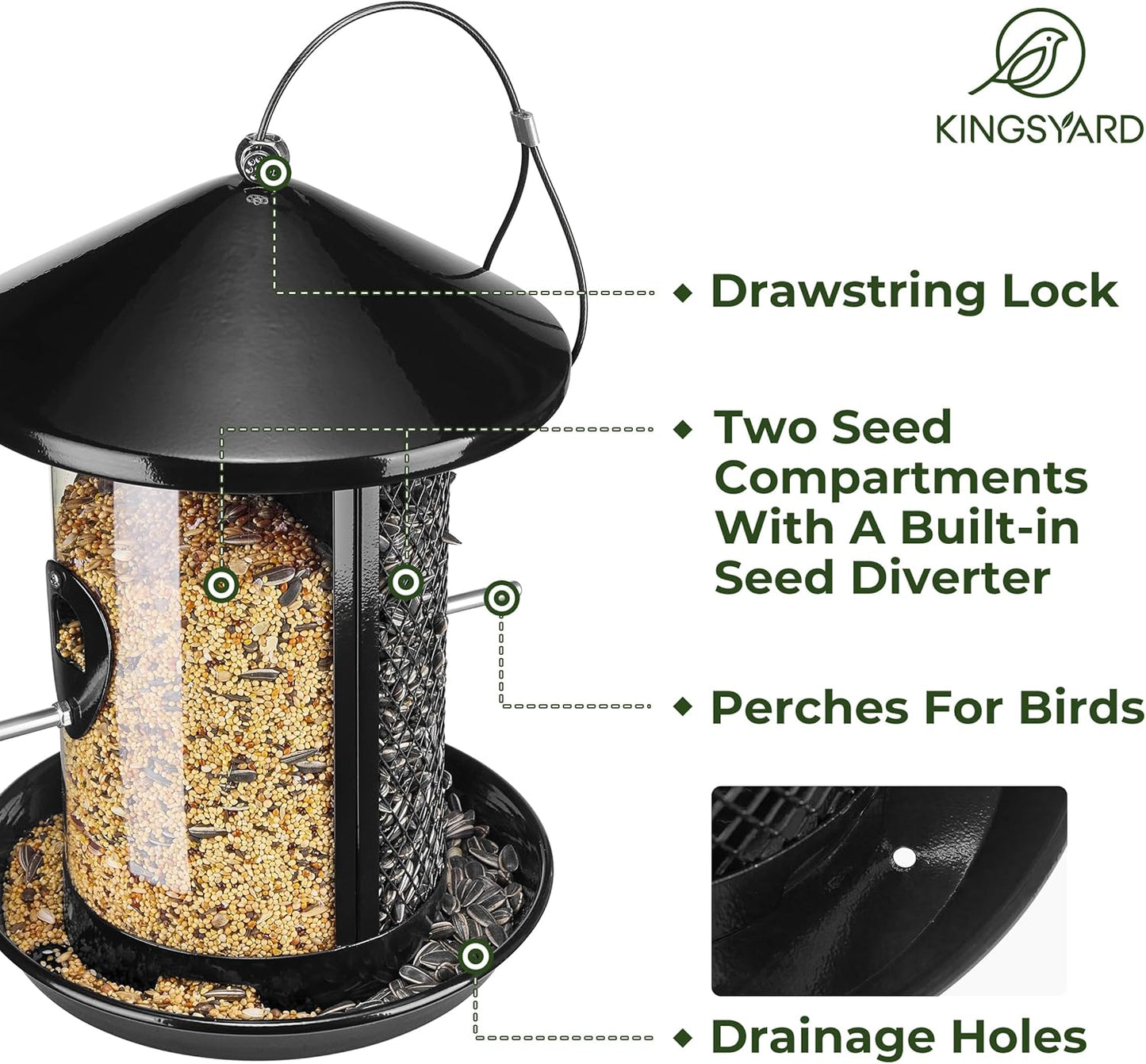 Kingsyard Metal Bird Feeder for Outdoor Hanging - Weather Resistant Chew-Proof Wild Bird Feeder with Dual Chamber of 4 lbs Capacity for Mixed Seeds, Black