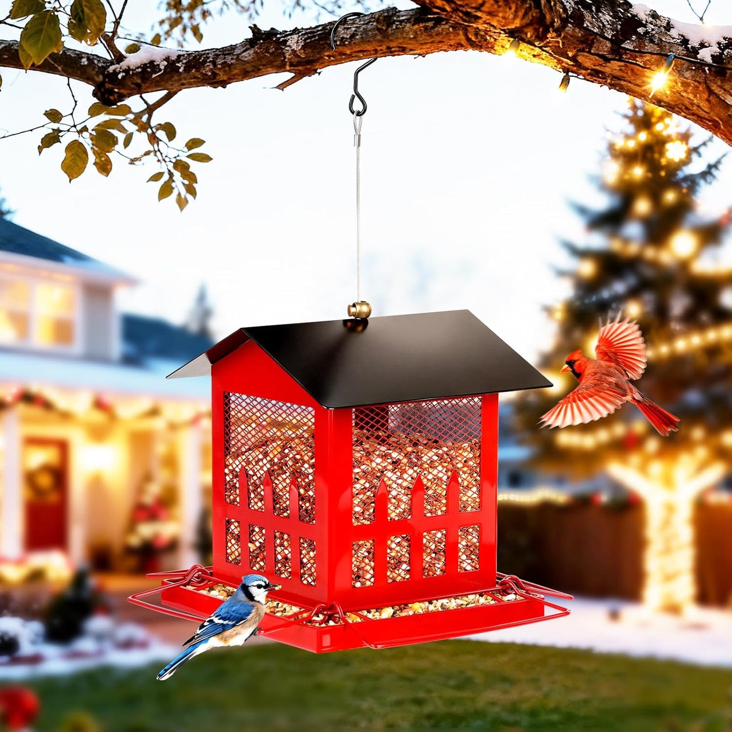 Bird Feeder, Large Bird Feeders for Outdoors Hanging, Metal Wild Bird Feeder with Upgraded Weatherproof Roof for Outside Backyard Garden Decor