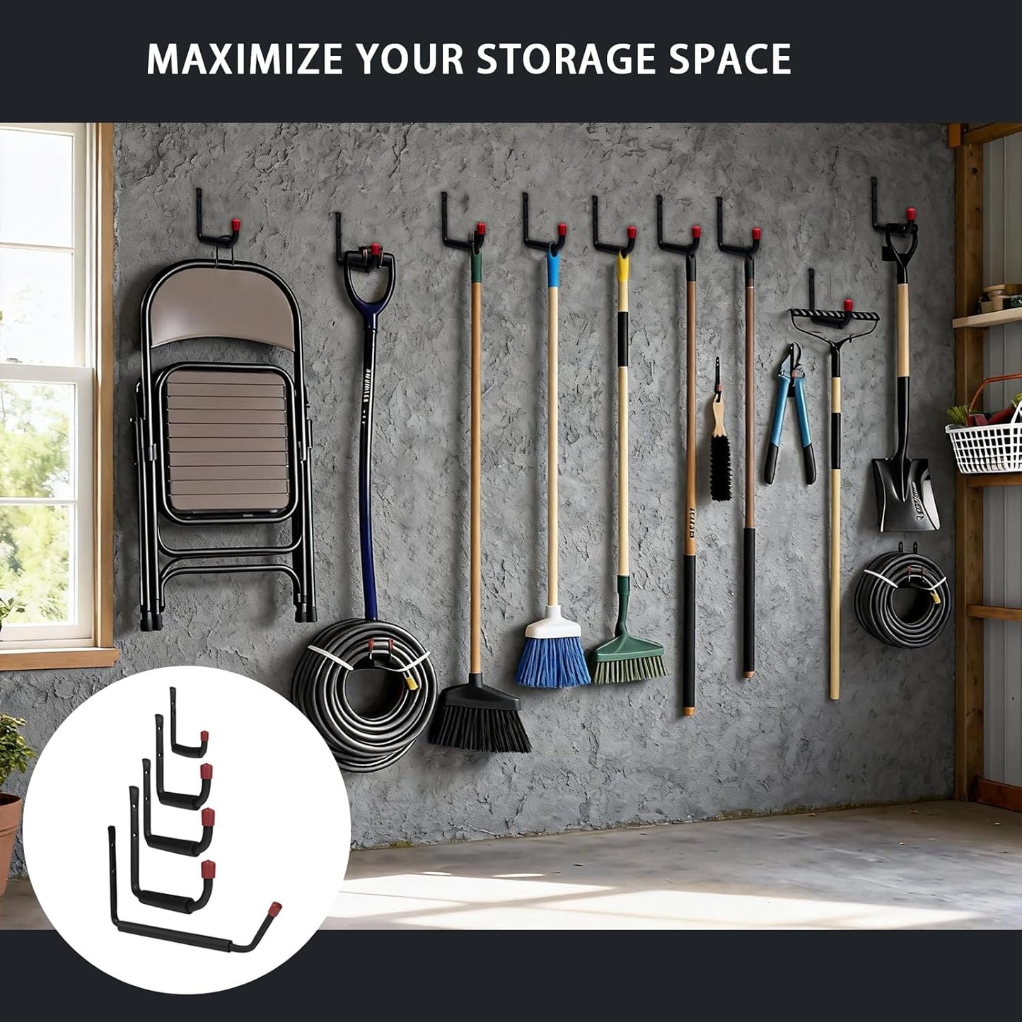 6 Pack Garage Hooks Heavy Duty with EVA Pads and Rubber End Caps, 8.07inch Steel Kayak Storage Hooks for Hanging Bikes, Ladders, Folding Chairs and Garden Tools