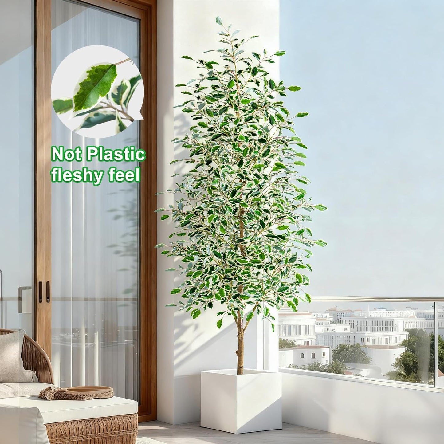 7FT Artificial Ficus Trees Indoor Faux Trees Indoor Fake Floor Plants Tall Artificial Tree with White Pot Faux Tree Fake Indoor Tree Silk Plants Artificial Trees for Home Decor Indoor