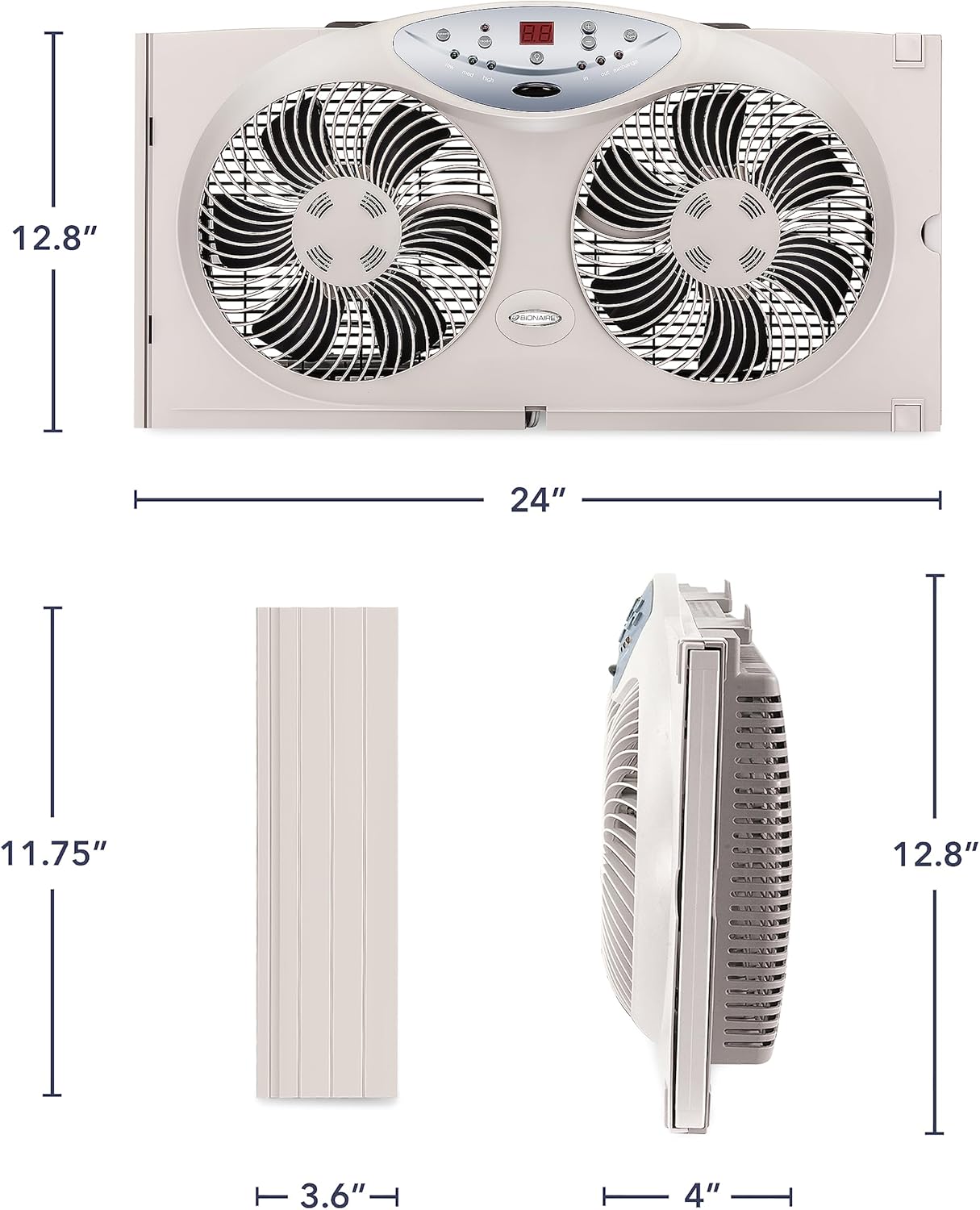 Bionaire Window Fan with Reversible Airflow Blades – 3-Speed Settings, Programmable Thermostat, LED Display, Remote Control, Fits 24–36" Windows, No Assembly Required