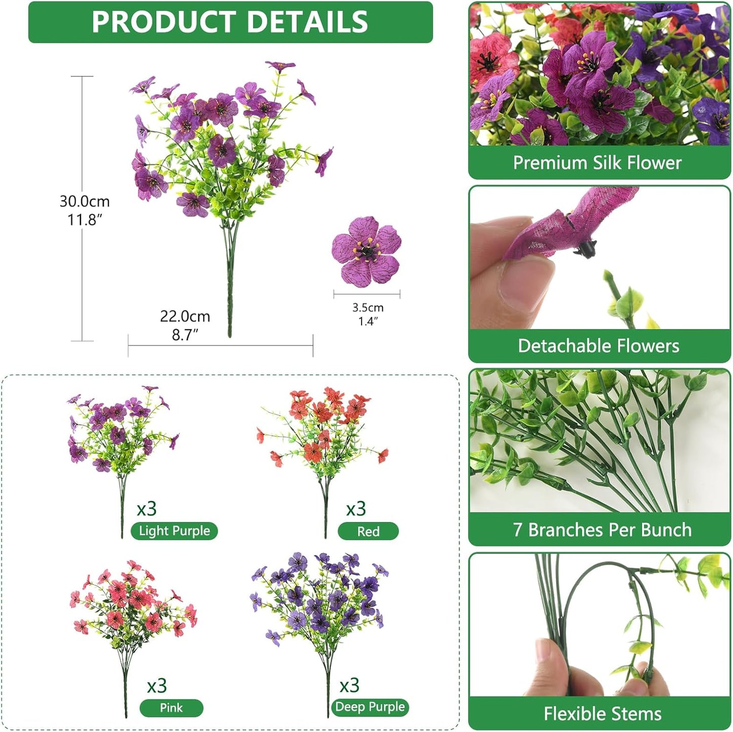 Homsunny Artificial Fake Flowers Plants Outdoors Spring Decor, Faux Flowers Silk Daisy Eucalyptus Plants UV Resisitant for Outside Planter Pot Front Porch Garden Patio Decoration(12 Bundles)