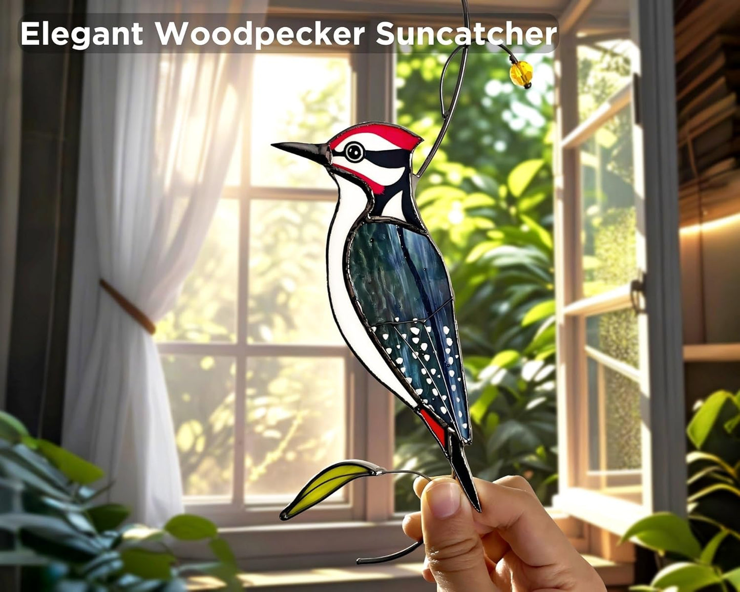 Woodpecker Stained Glass Window Hanging for Women, Mom, Grandma - Handmade Real Glass Bird Suncatcher - Elegant Gifts Box Home Decor (H8.9xW3.2 inch)