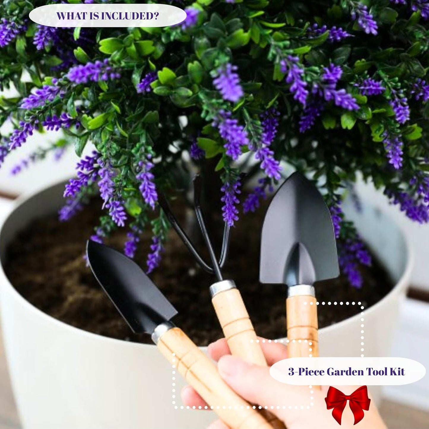 Artificial Boxwood Topiary Balls with Lavender – 24" Set of 2 Faux Shrub Bushes, Evergreen Trees with Ground Spike & Garden Tools – UV Resistant Faux Plants for Outdoor Planters, Porch & Front Door