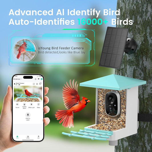 Smart Bird Feeder with Camera, AI Identify 16,000+ Birds, 5W Solar, 170° View, Motion Detection – Ideal Gift for Bird Lovers