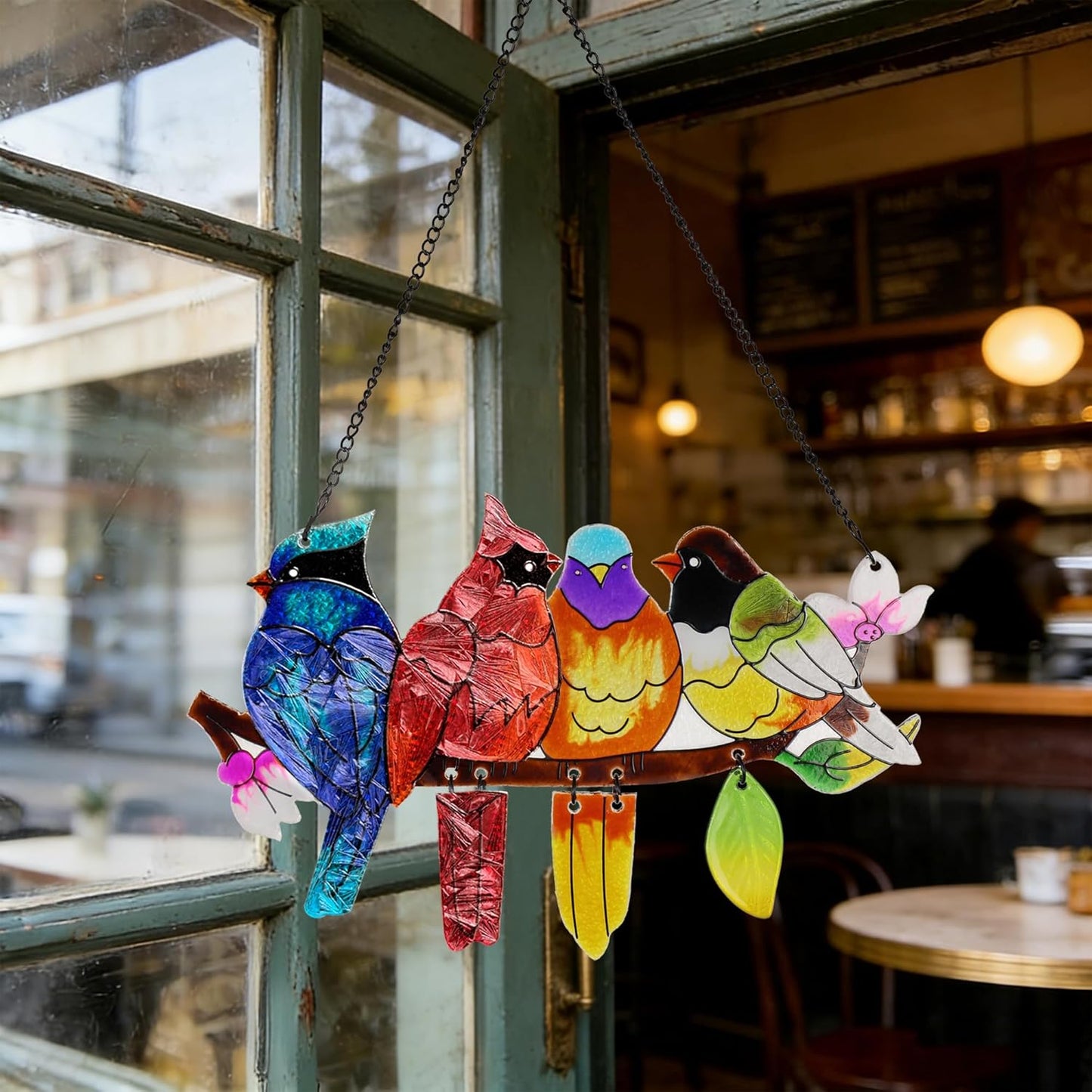 Stained Glass Window Hanging, Birds on A Branch Stain Glass Suncatcher, Hand-Painted Sun Catchers Indoor Window Decoration Bird Lover Gift for Mom, Grandma, Stocking Stuffers for Women