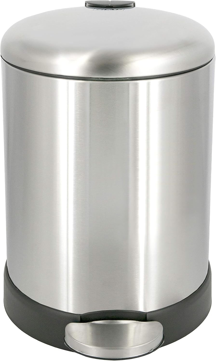 Glad Small Trash Can, 1.2 Gallon | Round Stainless Steel Garbage Bin with Soft Close Lid & Step Foot Pedal | Metal Waste Basket with Removable Inner Bucket, Stainless, 8 x 9.5 x 12 inches