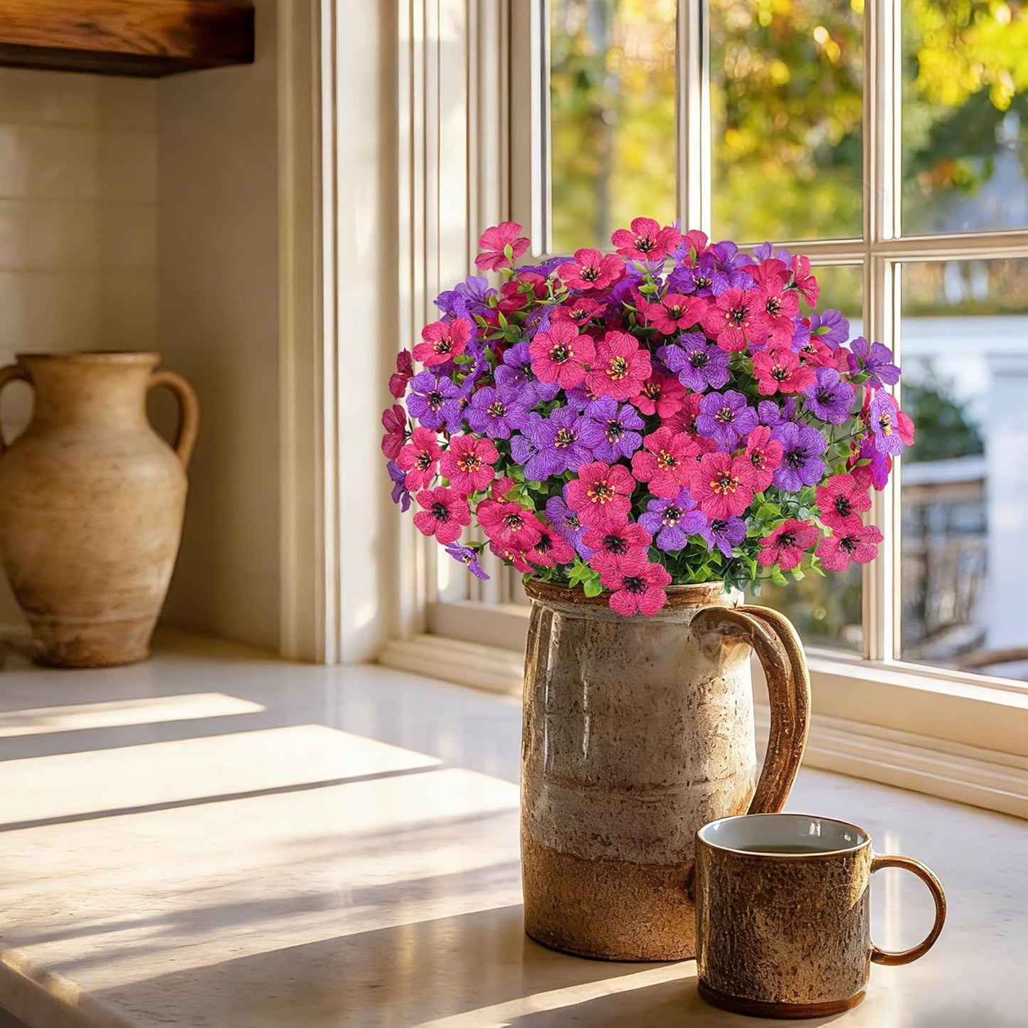 Artificial Flowers for Outdoors Spring Decor, 16 Bundles UV Resistant Realistic Fuax Silk Flowers, Fake Plants for Planter Indoor Outside Garden Porch Patio Window Box Balcony Yard (Fuchsia Purple)