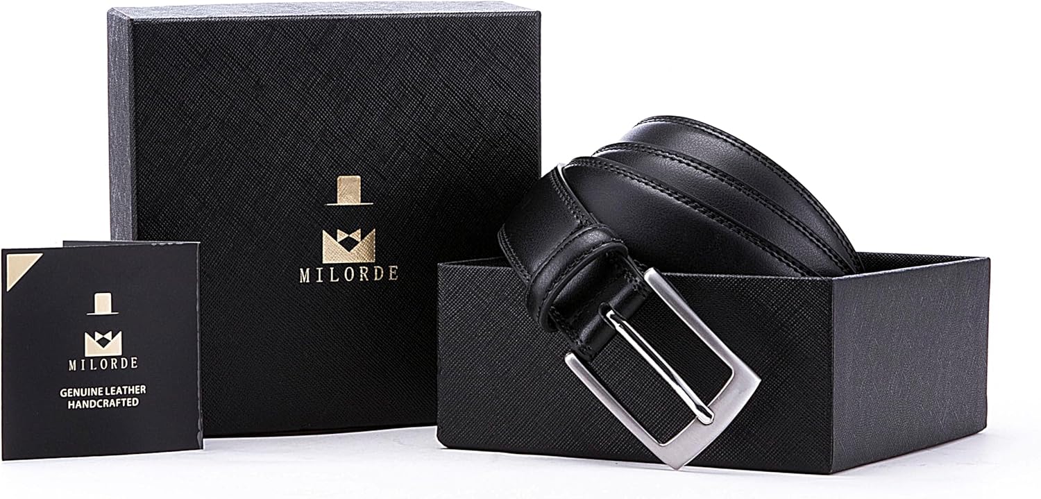 MILORDE Men's Genuine Leather Dress Belt, Handmade, 100% Cow Leather, 