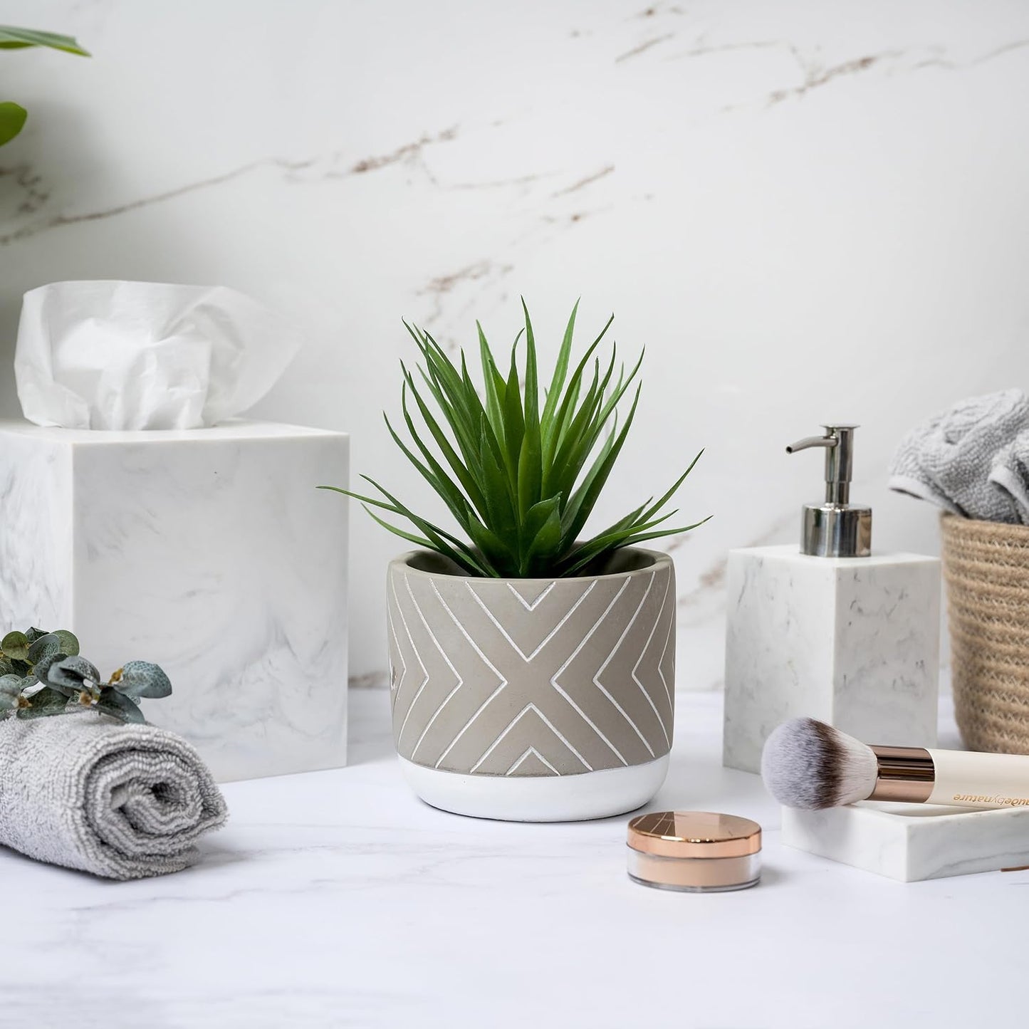 Kurrajong Farmhouse Desk Plant | 8" Small Artificial Plants in Pots | Handmade Cement Pot with Small Fake Plant | Decorative Plants for Office, Bathroom, Shelf Decor | Faux Plant Indoor