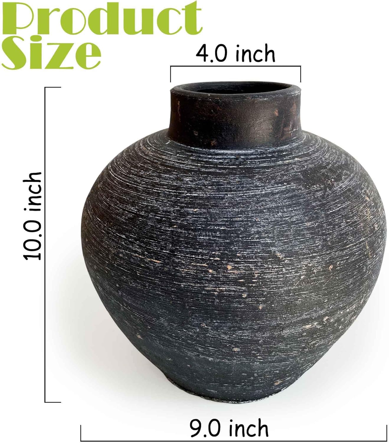 Handmade 10'' Black Rustic Clay Vase, Large Black Round Terracotta Vase, Stone Textured Farmhouse Pottery Pot