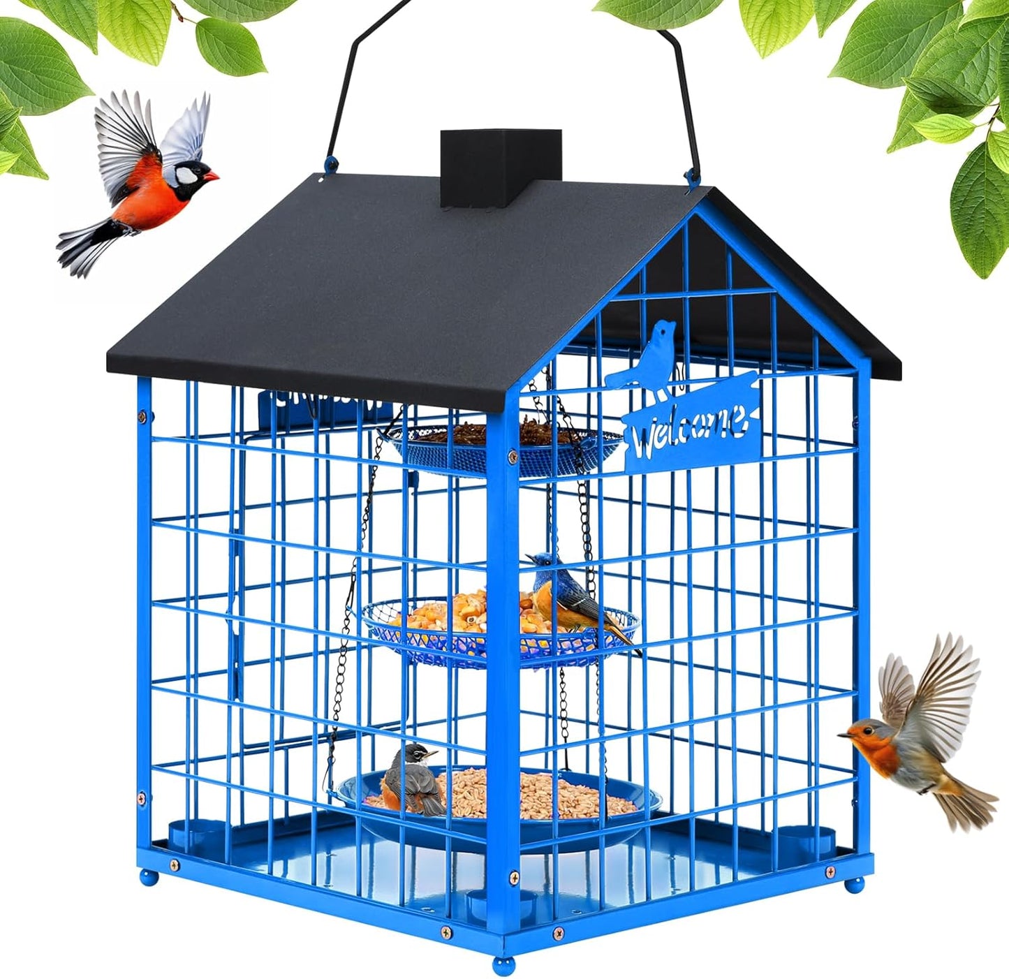 Bird Feeders for Outdoors, Metal Bluebirds Bird Feeder, Huge Caged Squirrel-Proof Bird Feeders with 4 Cups, DIY Wild Bird Feeders Outdoor Hanging, Attract Small Birds, 3 Layer Seed Tray (Blue)