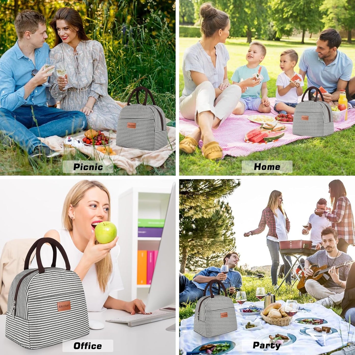 BALORAY Lunch Bag for Women Men Insulated Lunch Box for Adult Reusable Lunch Tote Bag for Work, Picnic or Travel(Black White Stripes)
