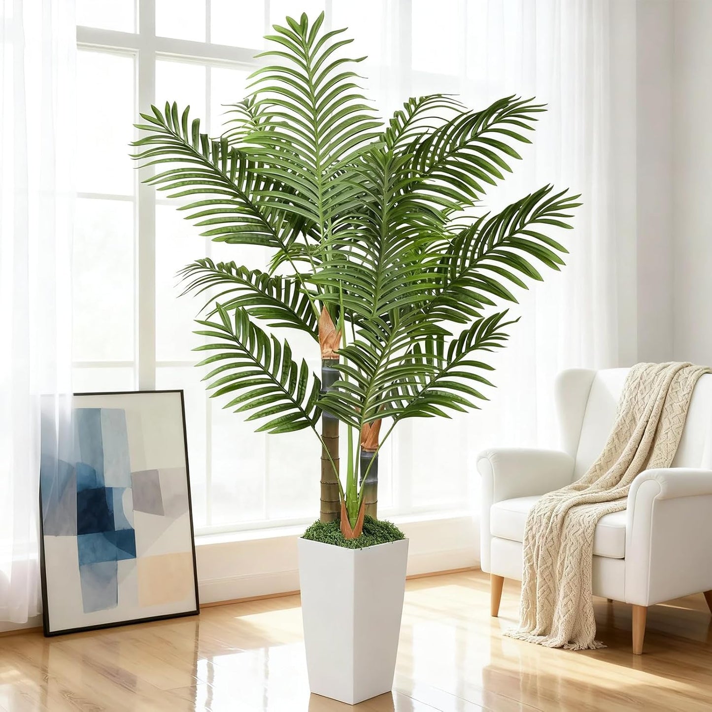 5ft Artificial Palm Tree Indoor Plant with White Tall Planter, Faux Silk Tropical Areca Floor Plant in Pot, Artificial Plants with Lifelike Leaves for Home Office Decor