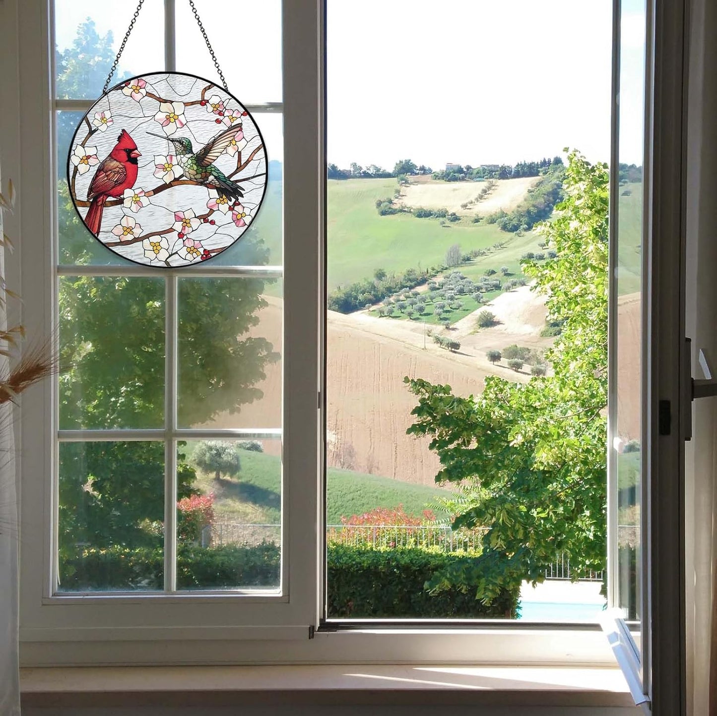 Cardinal&Hummingbird Stained Glass Window Hanging Birds Sun Catcher Cardinal Lover Gifts for Women Christmas Lovebirds Suncatchers for Garden Home Windows Hanging Decoration, 7.87inch