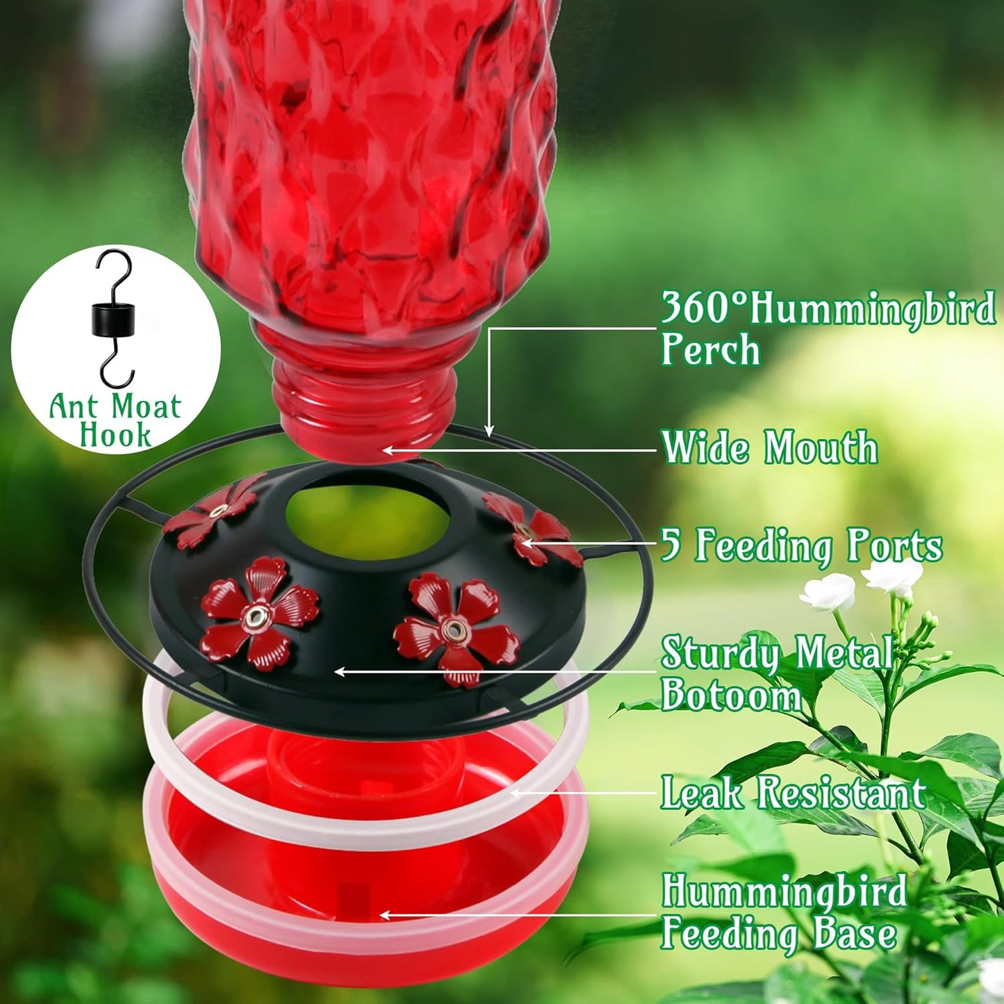 Glass Hummingbird Feeders for Outdoors - 25 OZ Red Humming Bird Hanging Nectar Feeder with 5 Feeding Port Ant Moat for Garden Tree Wildlife Backyard, Birder Ideal Gift for Women Men