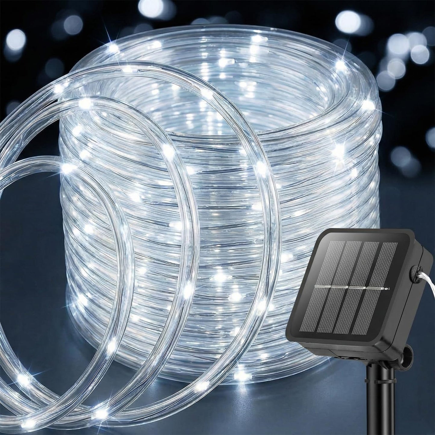 ANJAYLIA 33FT 100 LED Solar Rope Lights Outdoor Waterproof, Solar Powered Rope String Lights with 8 Modes for Outdoor, Patio, Garden, Camping, Holiday & Christmas Décor Cool White