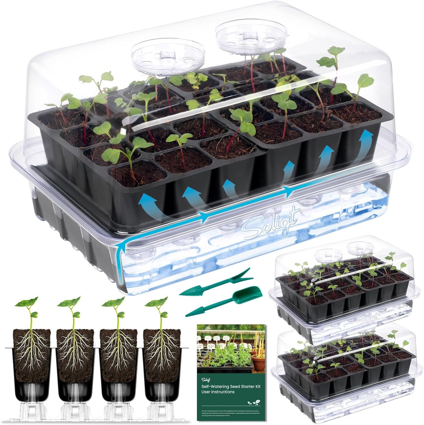 SOLIGT Self Watering Seed Starter Trays with Humidity Domes, Extra Thi