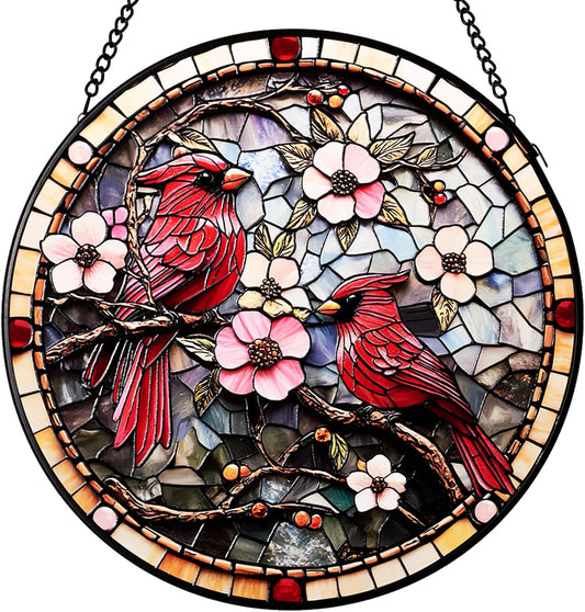 Cardinal Stained Glass Suncatcher - Hand-Painted Window Hanging with Metal Chain, Outdoor/Indoor Wall Decor for Mothers Day, Housewarming Gifts for Mom & Grandma Women Birthday Gifts