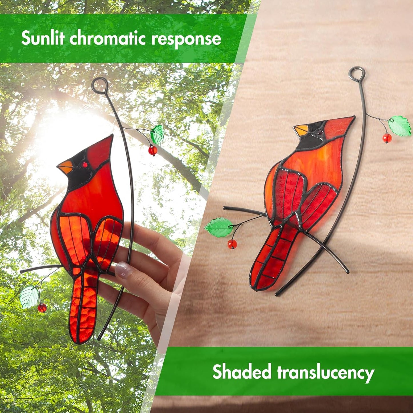 Stained Glass Red Cardinal Memorial Gifts for Women - Handcrafted Stained Glass Suncatcher Window Hanging, Red Cardinals on a Branch for Bird Lover, Bird Decor Gift for Mom