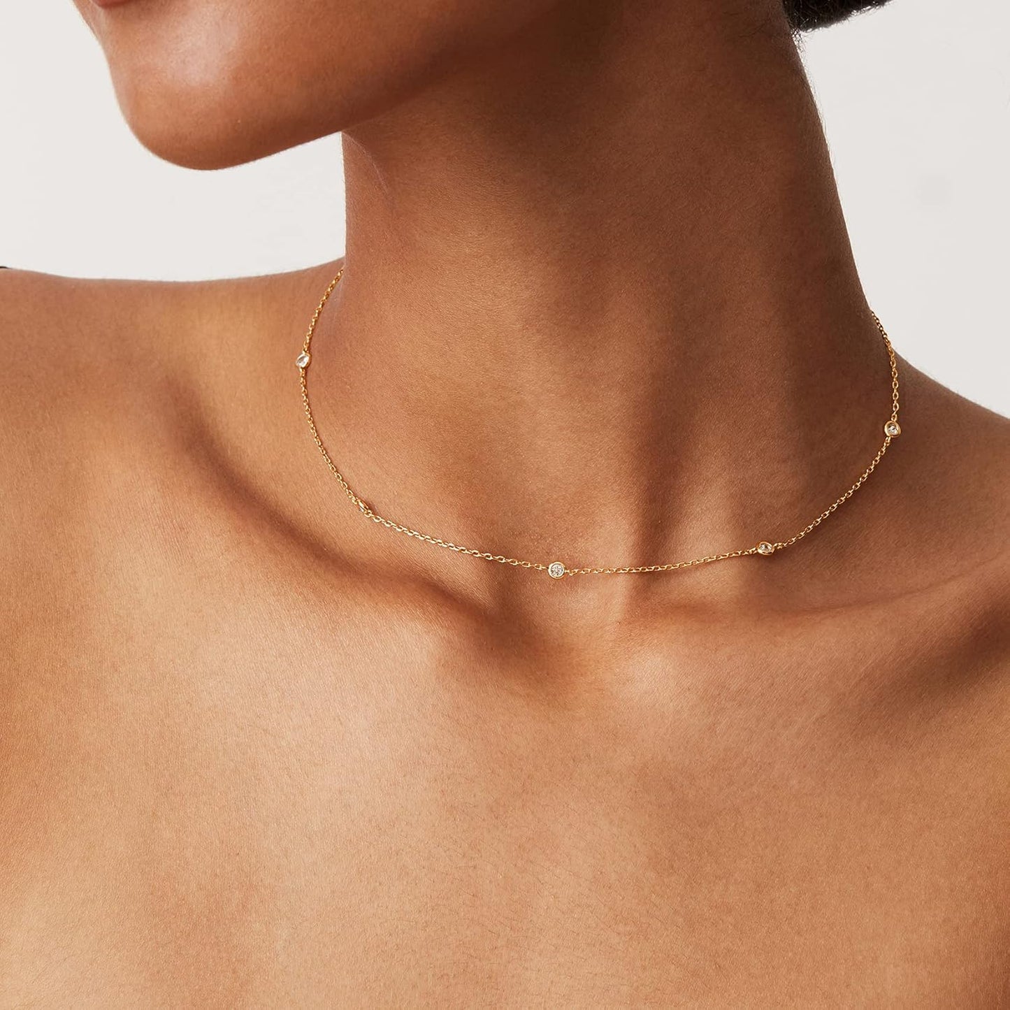 PAVOI 14K Gold Plated Station Necklace - Simulated Diamond Layering Ne