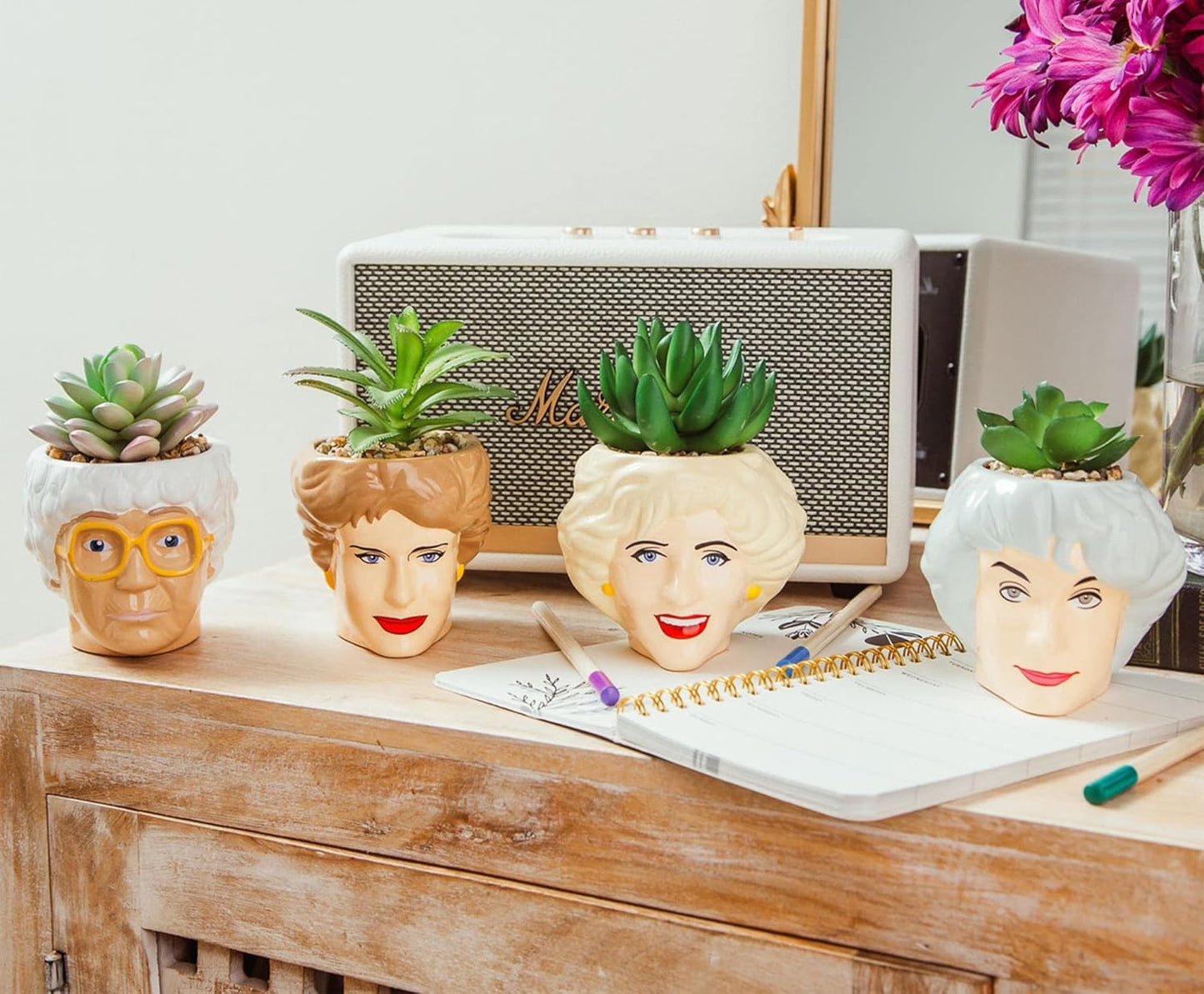 Toynk The Golden Girls Rose 3-Inch Ceramic Mini Planter with Artificial Succulent | Cute Small Flower Pot, Faux Indoor Plants