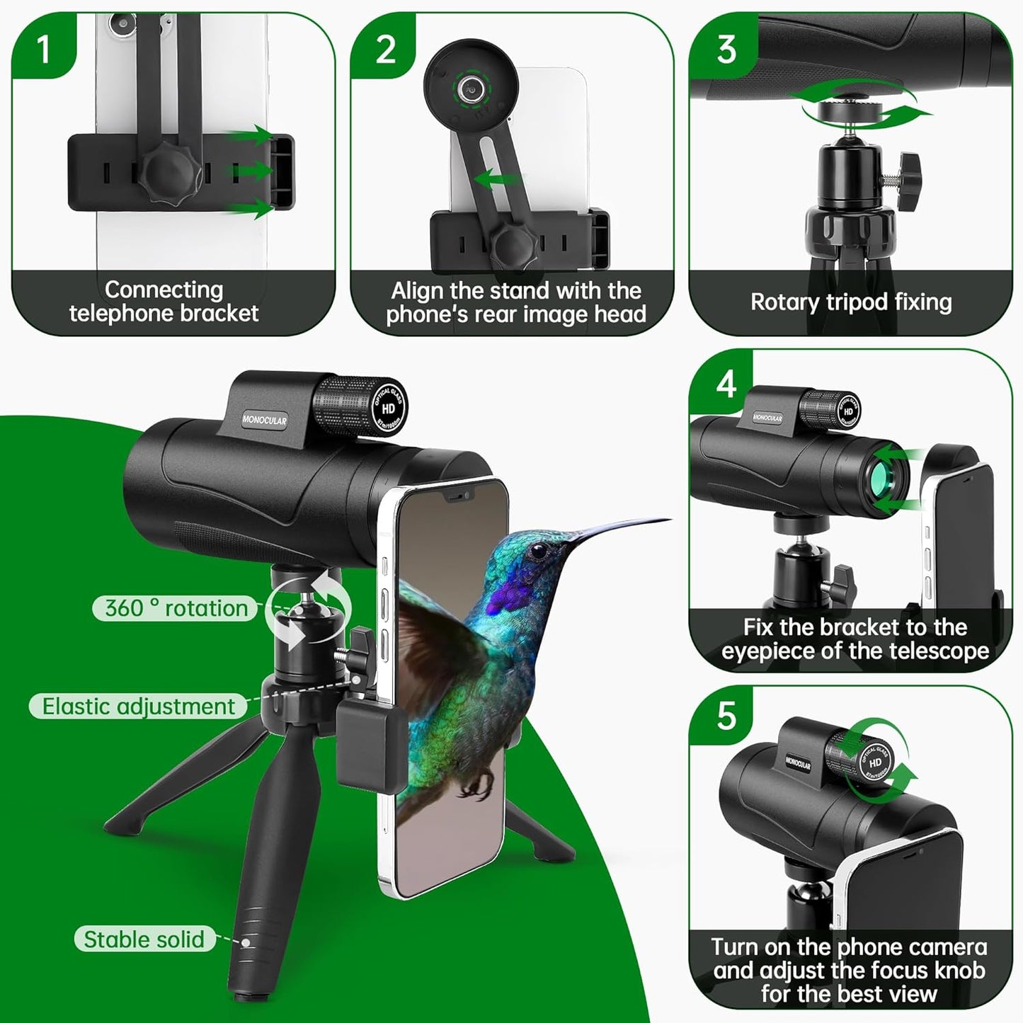 Asacam® 2025 Update - 80x100 Monocular Telescope High Powered for Smartphone HD Monoculars for Adults with Adapter/Tripod for Bird Watching Hiking Hunting Camping Traveling Outdoor Wildlife