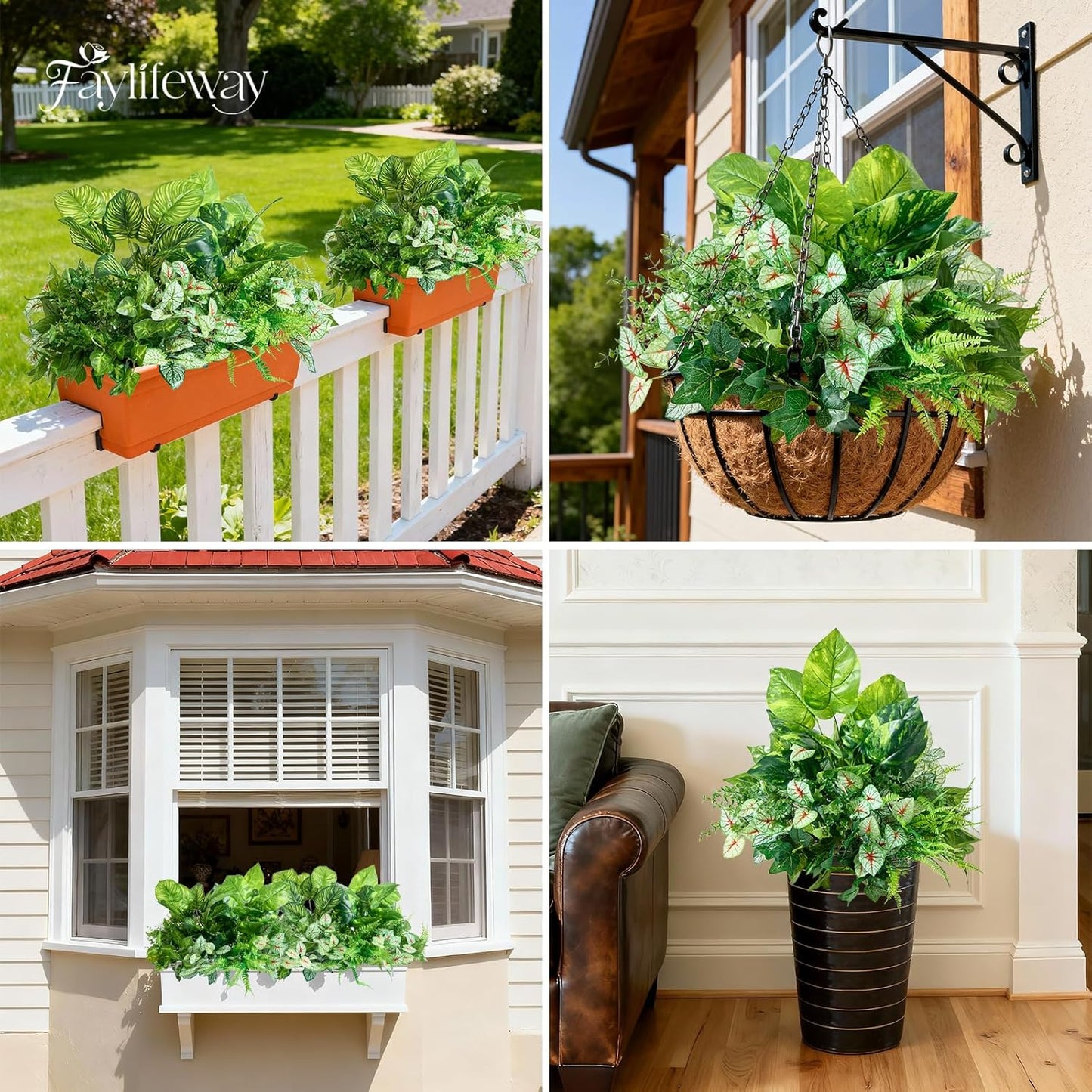12 Bundles Artificial Plants Outdoor,UV Resistant Fake Greenery Stems with Large Shrubs Faux Plastic Plant for Outside Front Porch Planters Garden Window Box Patio Decor(Pot Not Included)