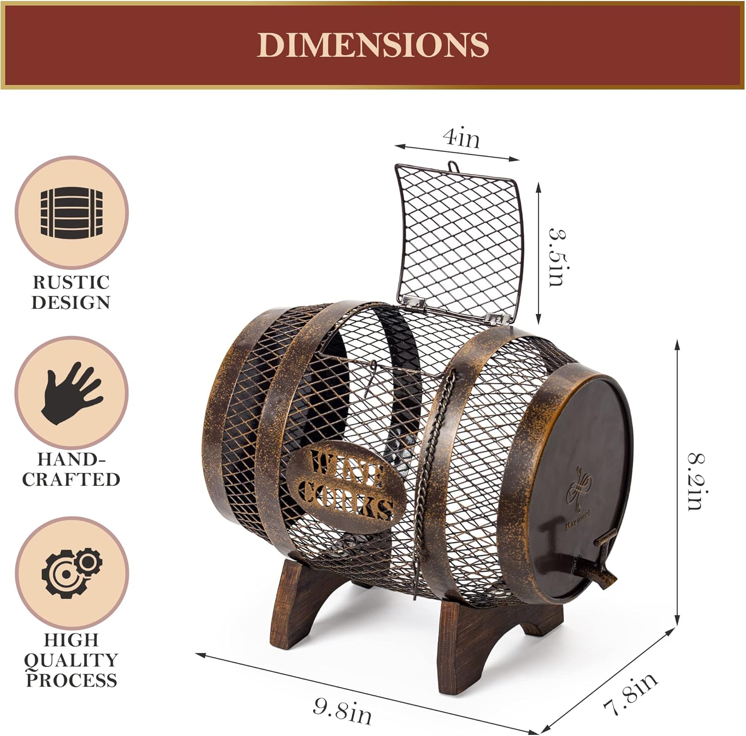 Rustic Metal Large Barrel Wine Cork Holder Display On Wooden Stand, Co