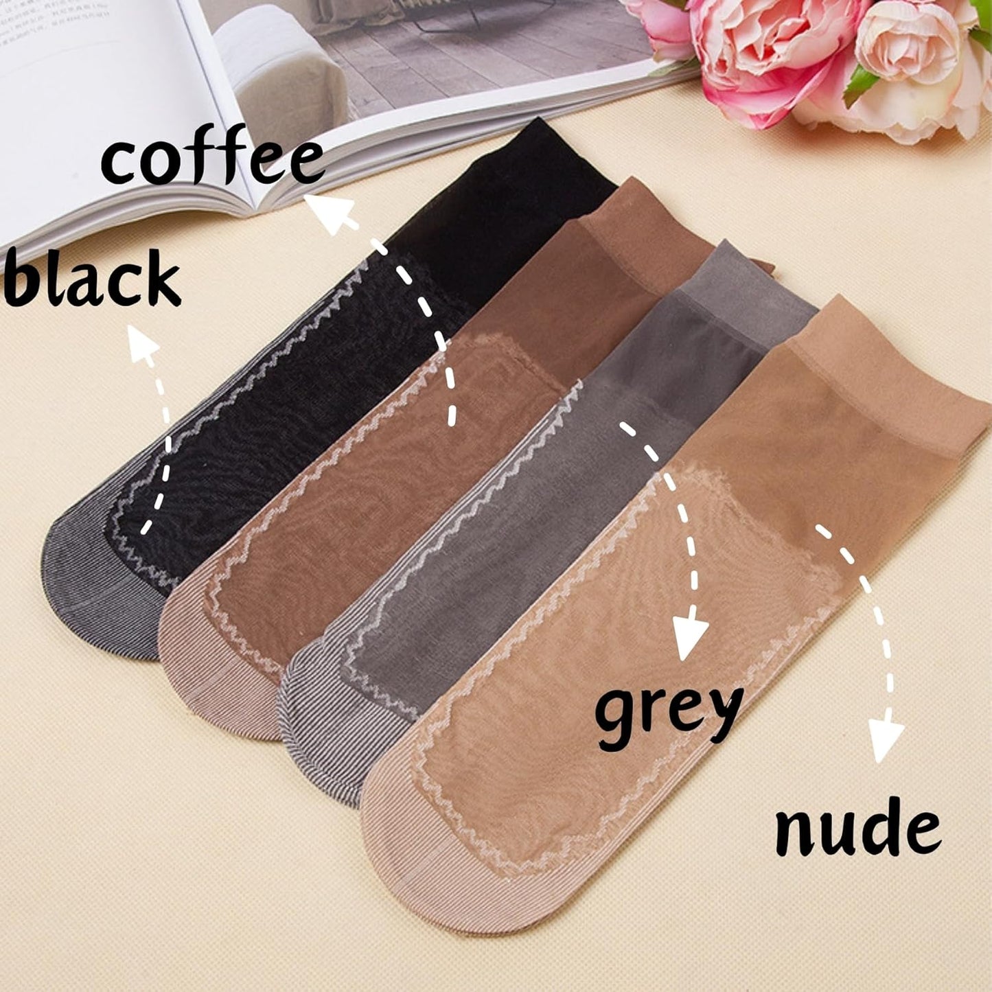 12 Pairs Nylon Socks for Women, Antil-Slip Thin Ankle High Tight Socks
