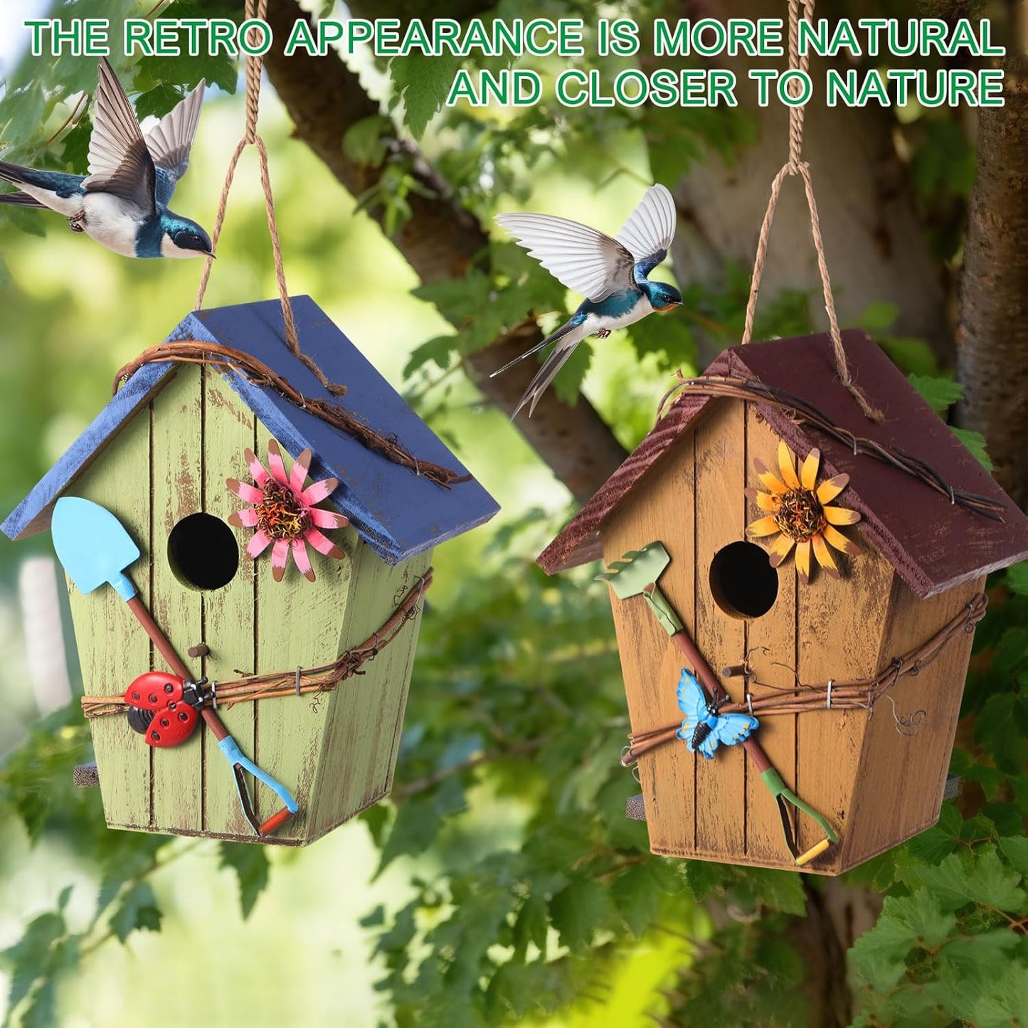 2 Pcs Birdhouses for Outdoor Hanging Yard Outside Wooden Birdhouse Hand Painted Bird Box for Bird Lovers Bluebird Tree Garden Decor Decorative Birdhouse(Bright Color,Wooden Roof)