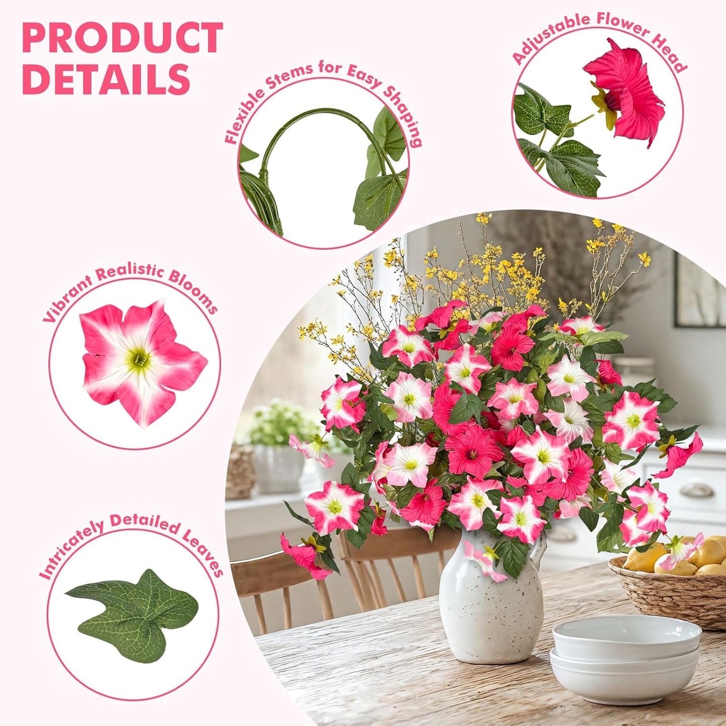 ICX 2PCS Faux Petunias Silk Flower UV Resistant, Artificial Outdoor Flowers, Realistic Artificial Flowers for Outdoors, Pot, Front Door, Porch, Yard, Patio, Window Box, Hanging Basket (Rosy Red