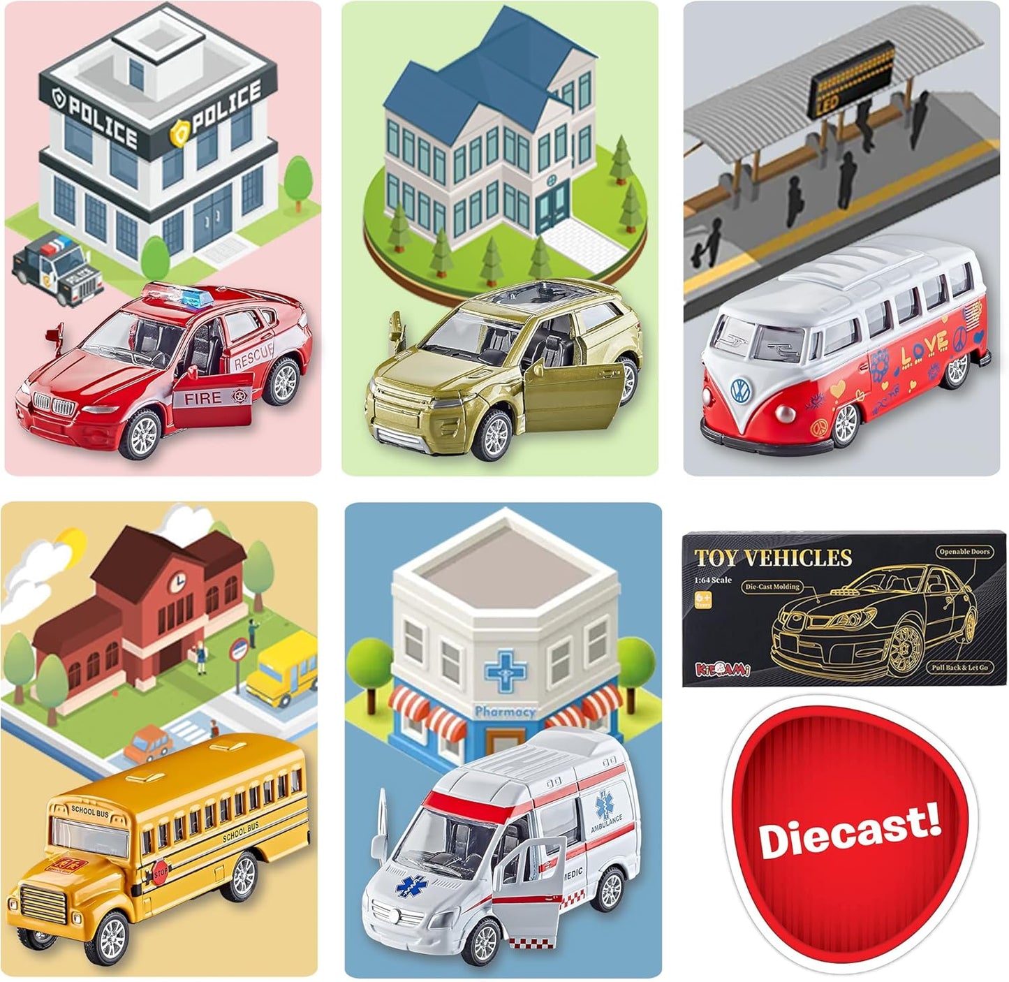 KIDAMI Die-cast Metal Toy Cars Set of 5, Openable Doors, Pull Back Car
