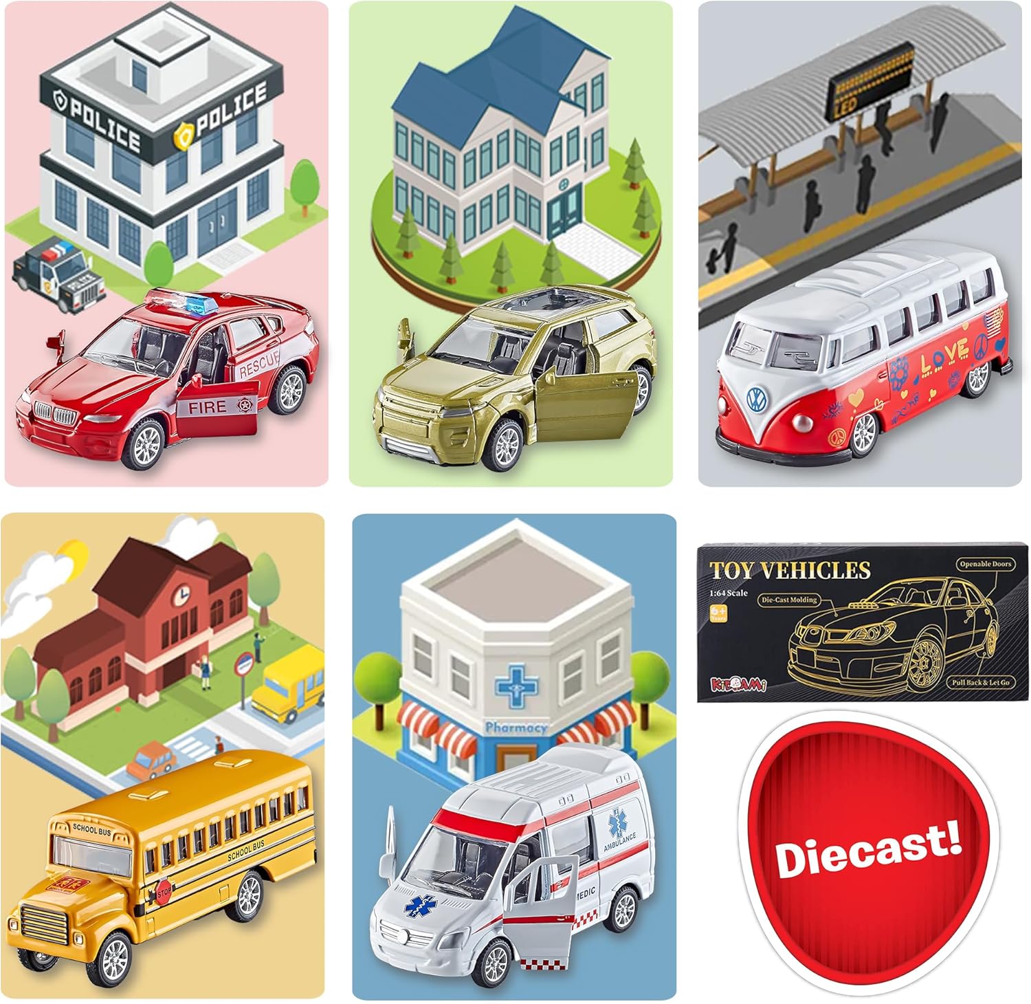 KIDAMI Die-cast Metal Toy Cars Set of 5, Openable Doors, Pull Back Car
