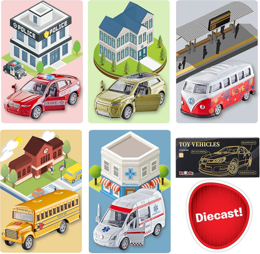 KIDAMI Die-cast Metal Toy Cars Set of 5, Openable Doors, Pull Back Car
