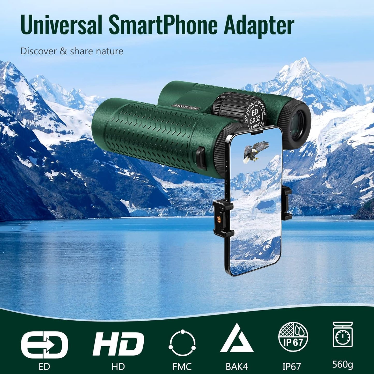 ED 8x33 Binoculars – HD Optical System, Nitrogen-Filled and Waterproof & Fogproof, Non-Slip Silicone Grip for Comfortable Handling, Perfect for Hunting, Bird Watching, Hiking, Travel