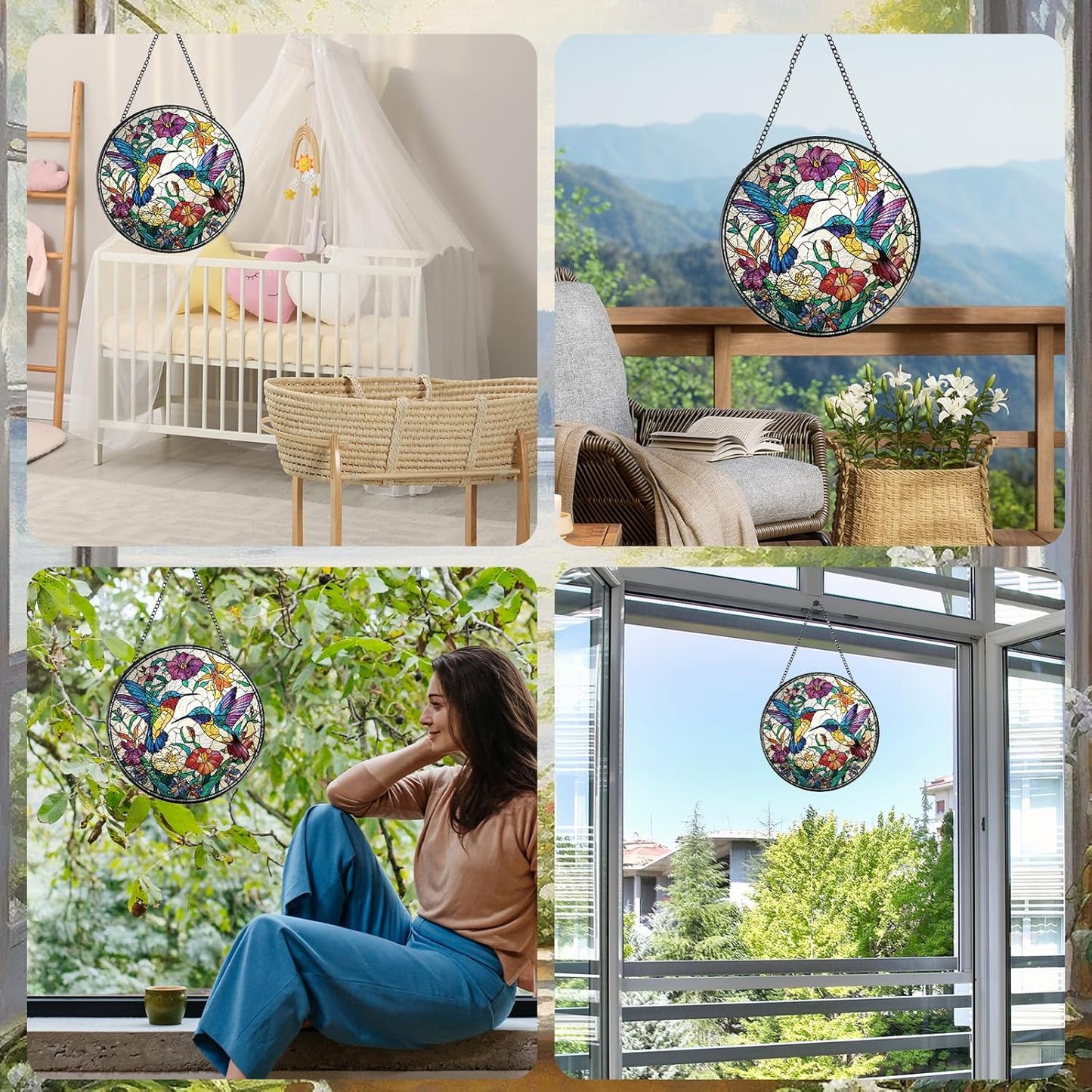 Hummingbird Stained Glass Window Hanging, 7.8″ Sun Catchers with Hook Indoor Window Decor, Decorative Suncatchers Home Garden Art Gift for Bird Lovers Thanksgiving Christmas Housewarming