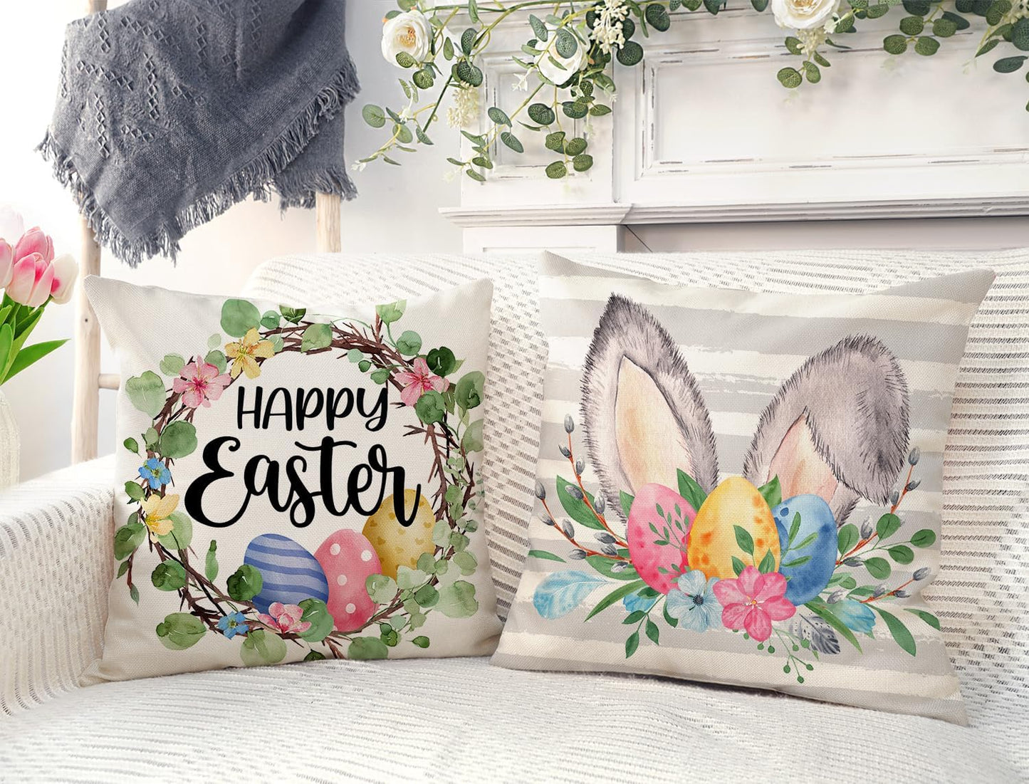 4TH Emotion Gray Easter Pillow Covers 18x18 Set of 4, He is Risen Bunny Floral Eggs Farmhouse Decorations Spring Holiday Decor Throw Cushion Case for Home Couch TH211
