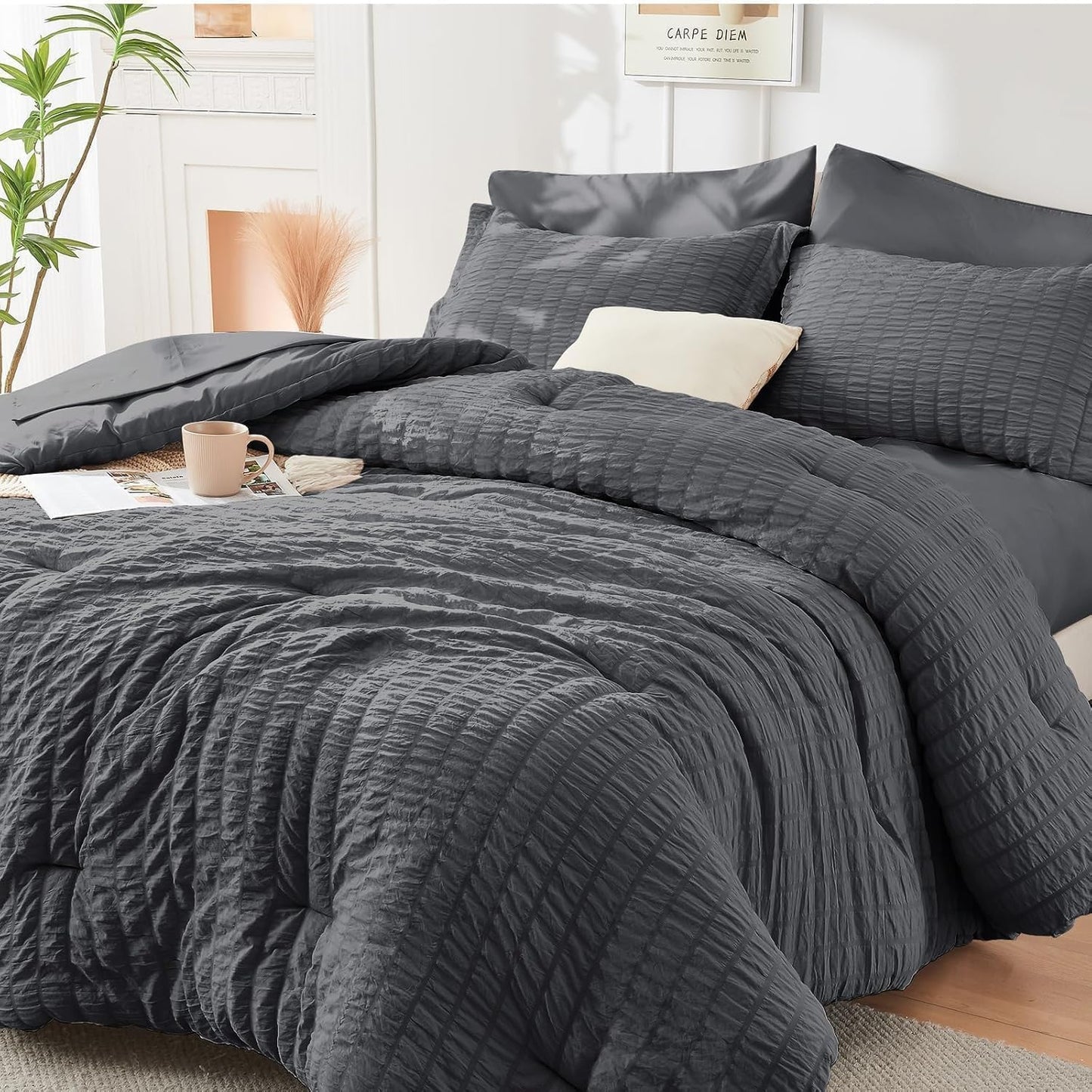 HYMOKEGE Queen Comforter Set Seersucker 7 Pieces, All Season Luxury Be