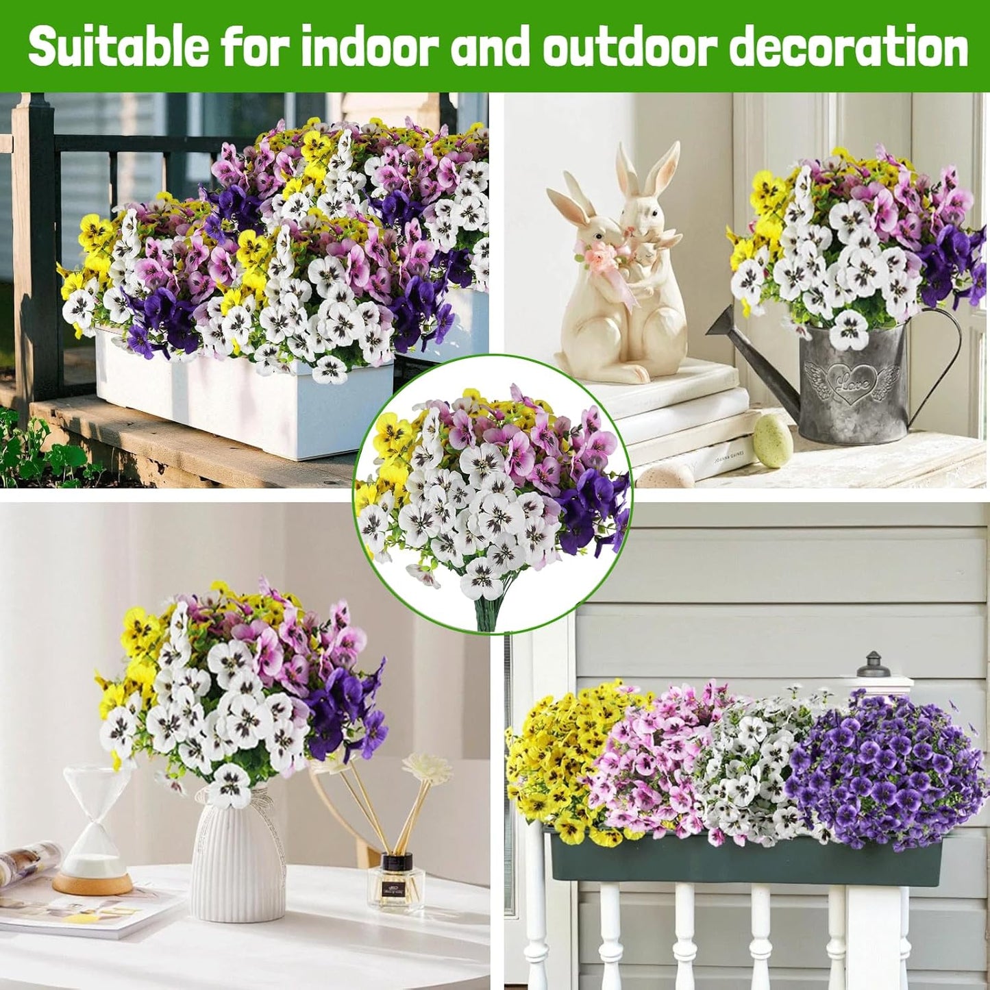 Artificial Fake Pansy Flowers for Outdoor, UV Resistant Faux Silk Pansies Spring Flowers, for Planter Front Door Porch Yard Patio Window Box Home Decor 12 Bundles (Yellow Purple White Pink)