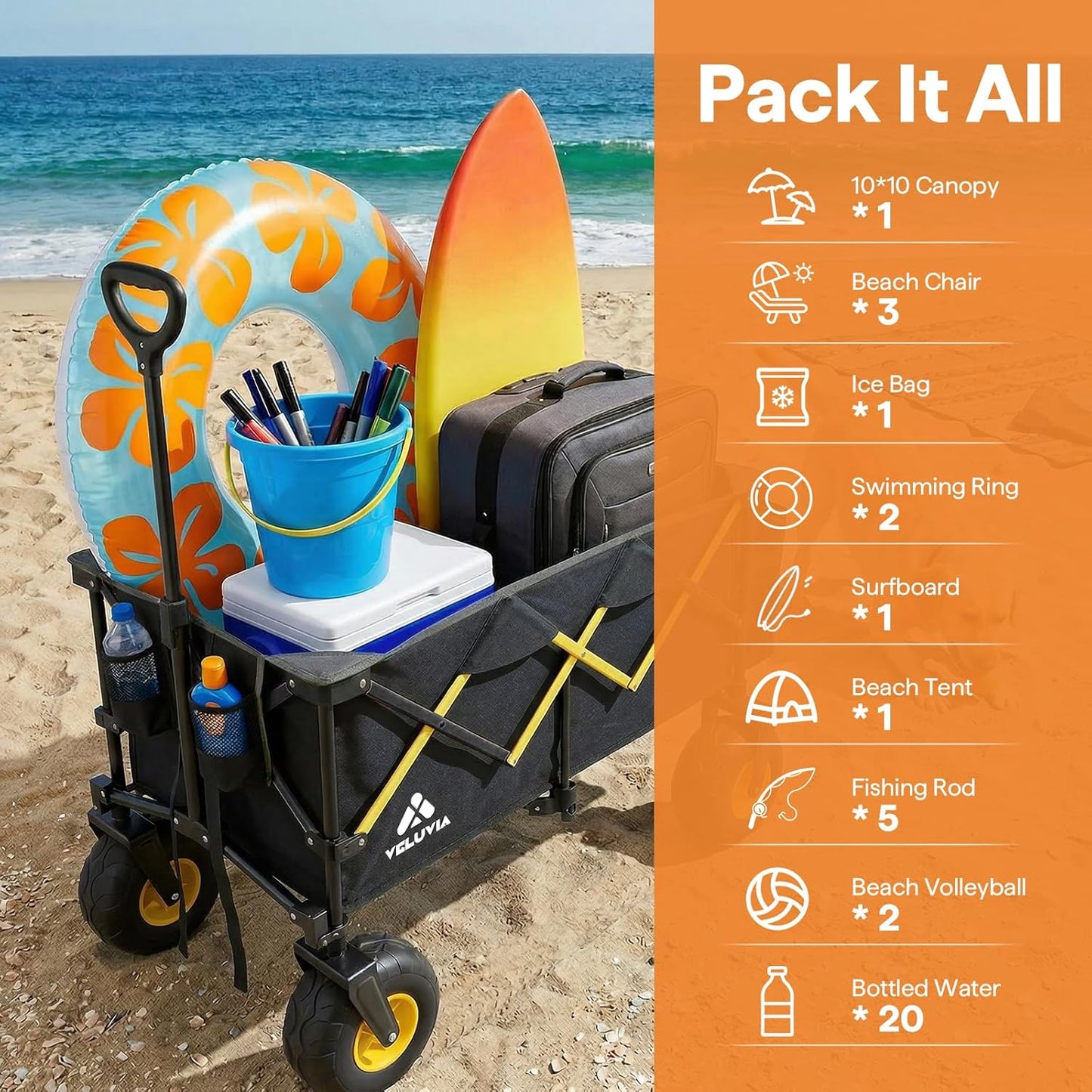 Beach Wagon with Big Wheels - Heavy Duty Foldable All Terrain Cart with 9" Balloon Wheels for Sand - Large Collapsible Beach Dolly with Upgraded Sand Tires & Detachable Cooler Bag, Black