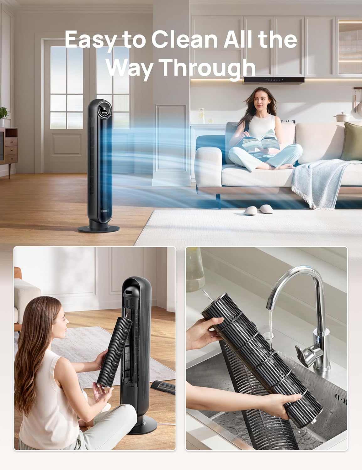 DREO Tower Fan for Bedroom, 2026 Upgraded DC Motor, 28ft/s High Velocity, 20dB Ultra Quiet Standing Fan, 8 Speeds 4 Modes, 90° Oscillating Bladeless Fan for Indoors, Floor Fans with Remote, Black