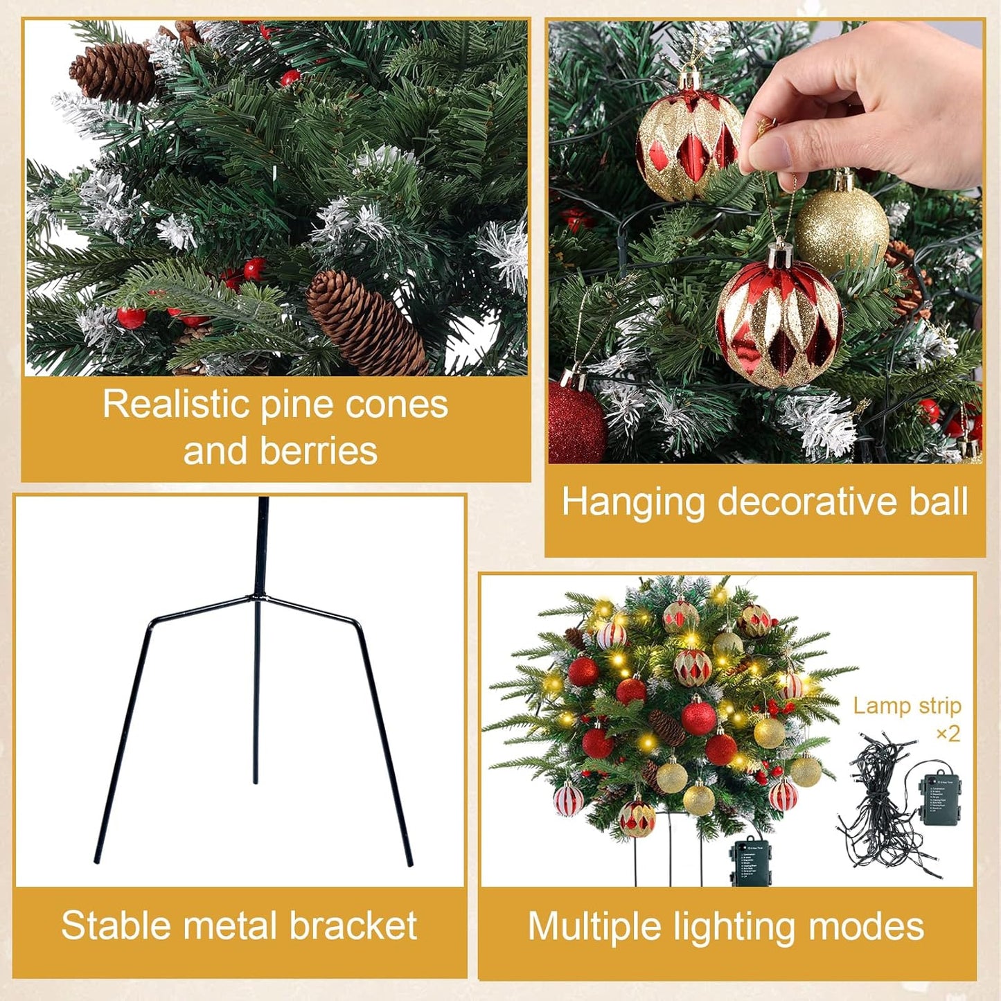 2 Pack Christmas Tree Urn Filler Battery Operated Pre-lit Xmas Pine Trees with Christmas Balls Tripod Stake LED Lights for Porch Yard Garden Outdoor Holiday Decorations