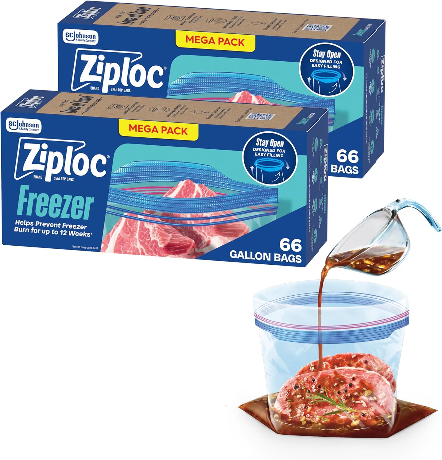 Ziploc Gallon Food Storage Freezer Bags, 132ct Total, Stay Open Design