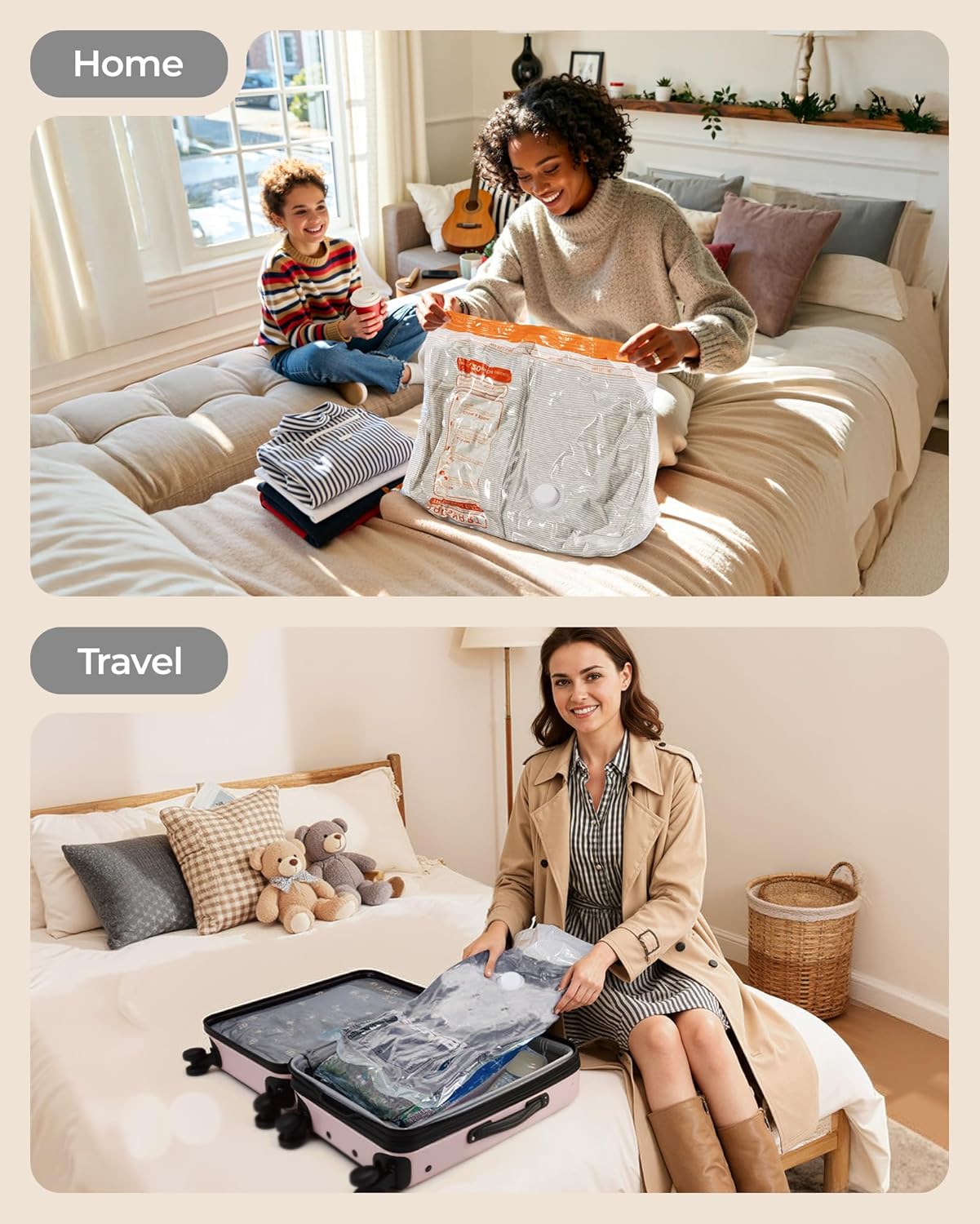 BAGSMART Vacuum Storage Bags for Travel with Rechargeable Air Pump, Portable Space Saver Bags for Travel & Home, Vacuum Compression Seal Bag for Clothing, Blanket, 18 Pack Multicolor