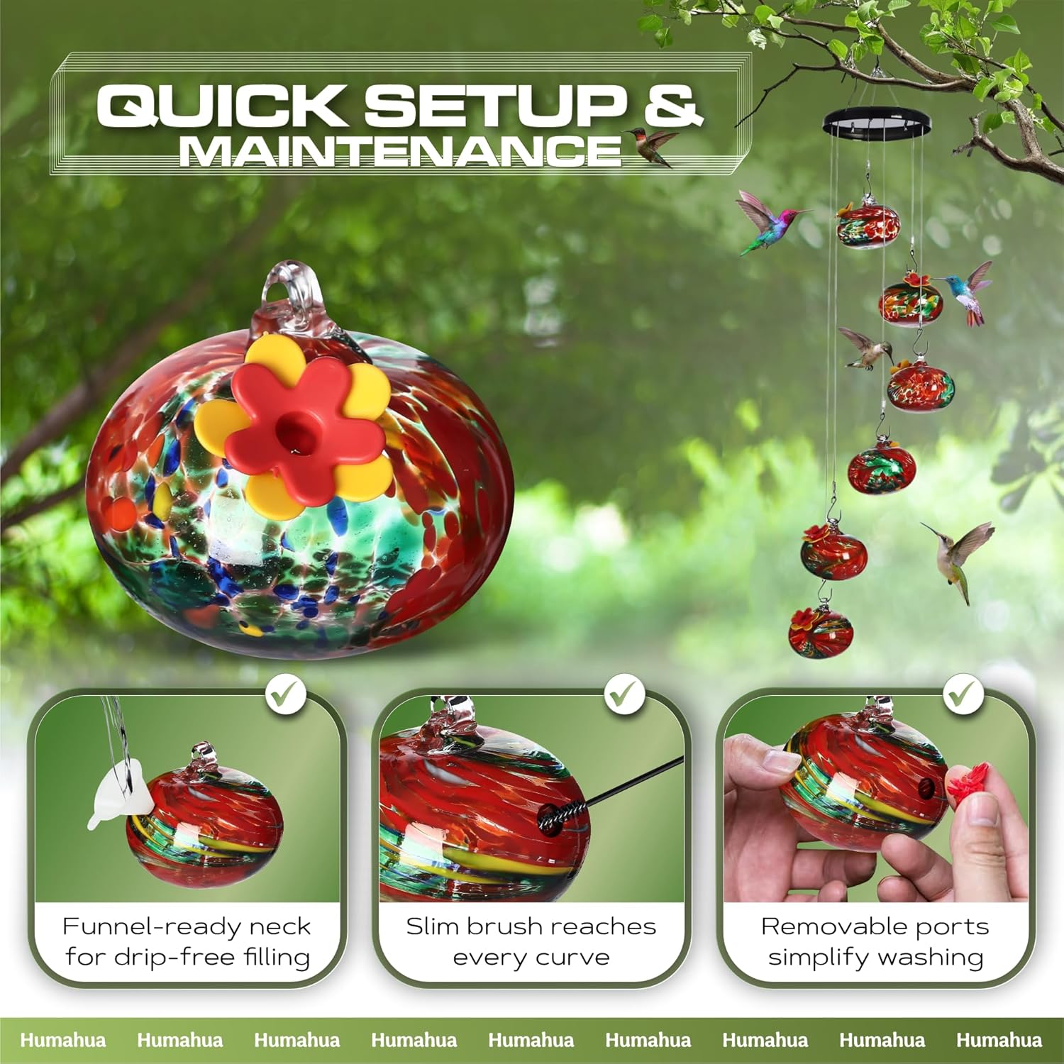 Glass Hummingbird Feeder with Wind Chimes, Hanging Outdoor Bird Feeder