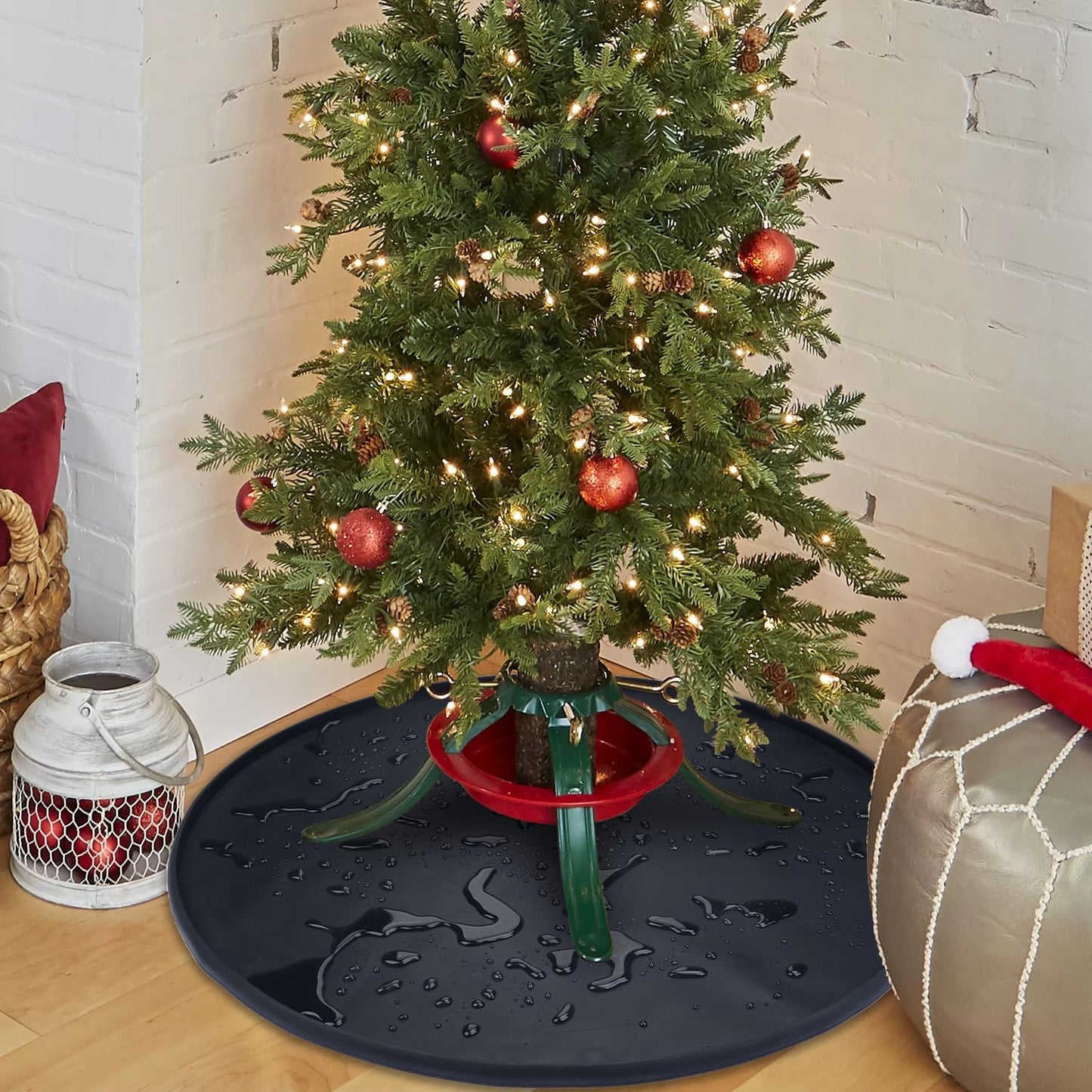 LURKA 31 Inch Christmas Tree Stands Mat with Embossed Christmas Design, Heavy Duty Christmas Tree Floor Protector, Waterproof Under Tree Pad for Christmas Tree Stand, Christmas Tree Floor Mat （Black）