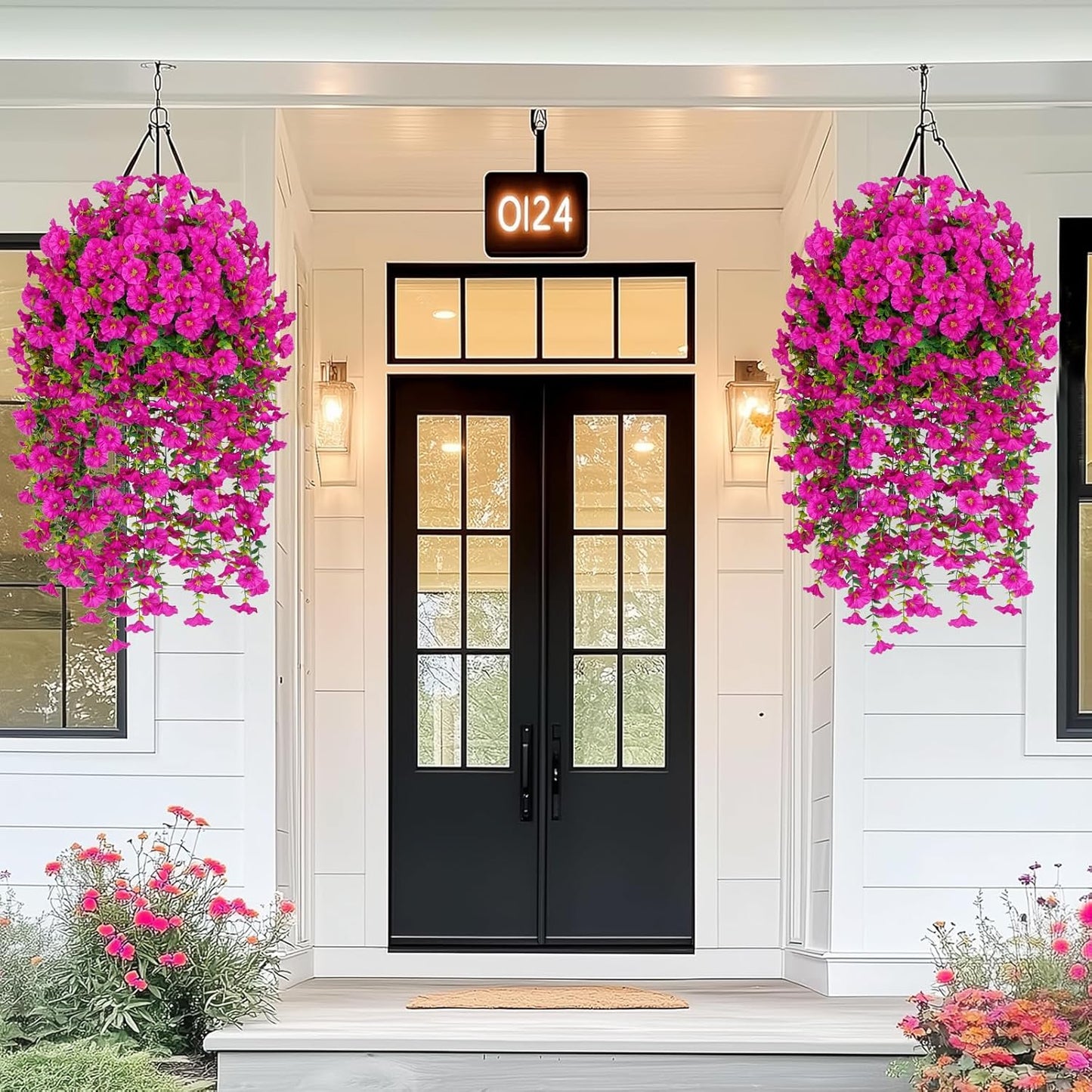 MARTINE MALL 2 Pcs Look Real Artificial Flowers for Outdoors, Realistic Artificial Hanging Flowers for Outdoors, UV Resistant Fake Hanging Plants Silk Petunia Faux Flowers for Porch Patio, Fuchsia
