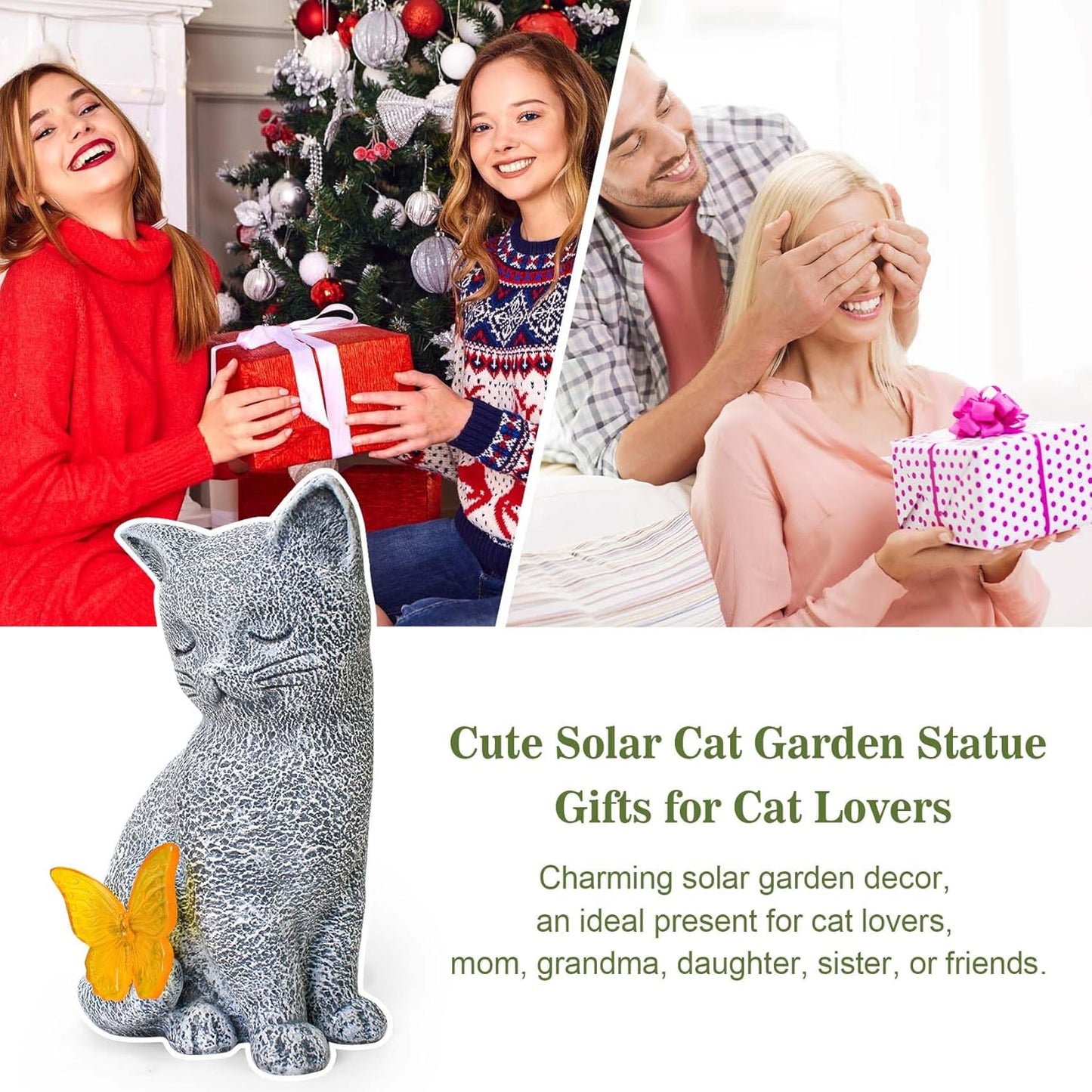 Solar Cat Garden Decor with Butterfly Light, Outdoor Decor Statues Yard Art Decorations Lawn Porch Patio Balcony, Gardening Gifts Birthday Choice for Cat Lover Women, Mom, Grandma